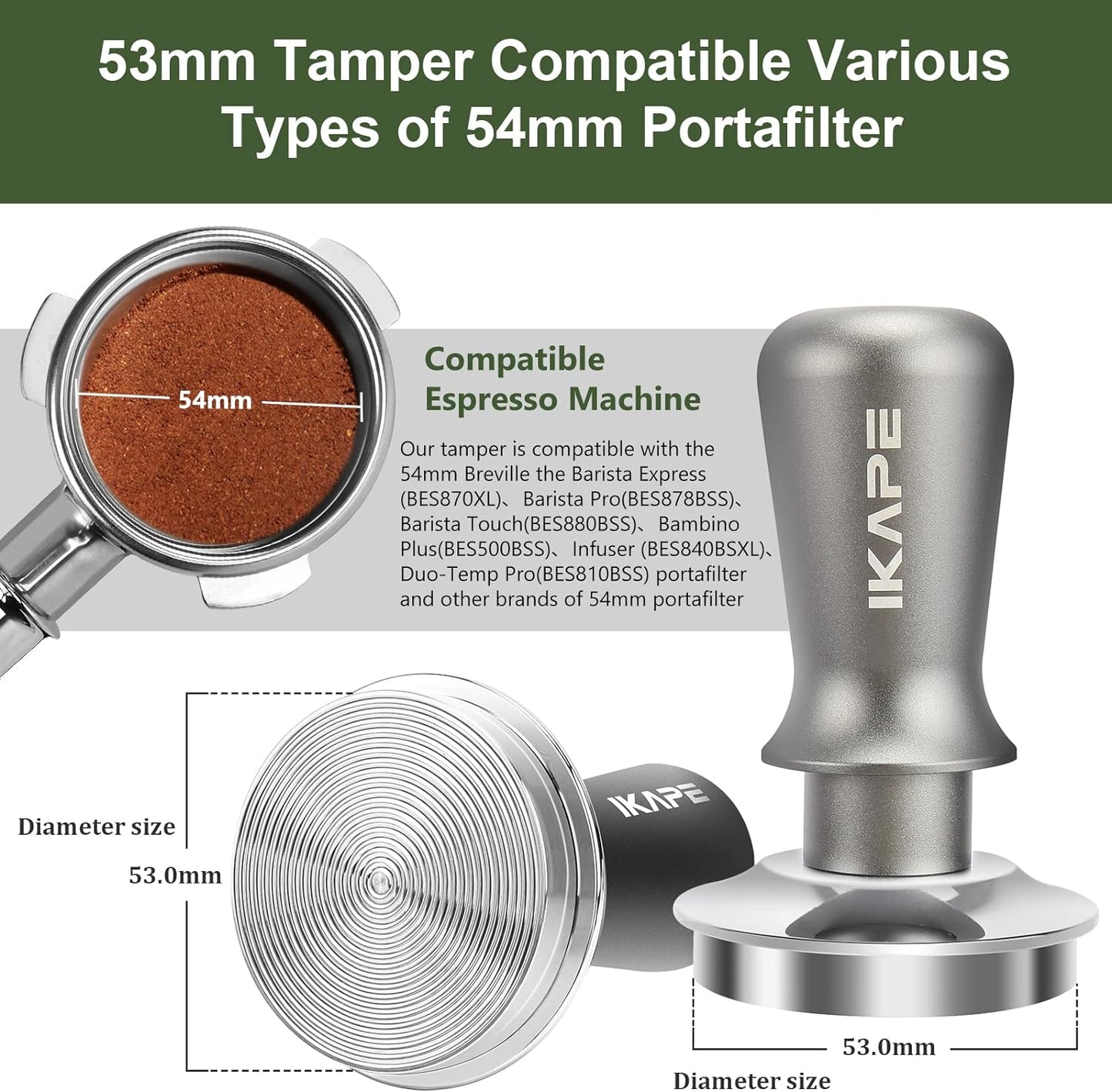 53mm coffee tamper, espresso tamper, calibrated espresso tamper, Breville portafilter tamper, premium barista coffee tamper