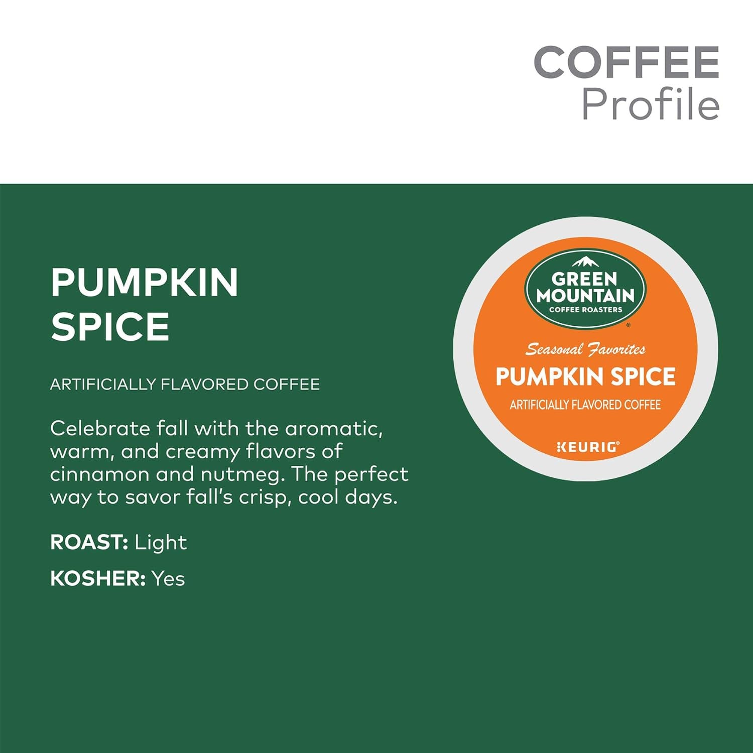 Green Mountain Pumpkin Spice K-Cup pods, 32 count, light roast coffee with cinnamon and nutmeg flavors, compatible with Keurig coffee makers.






