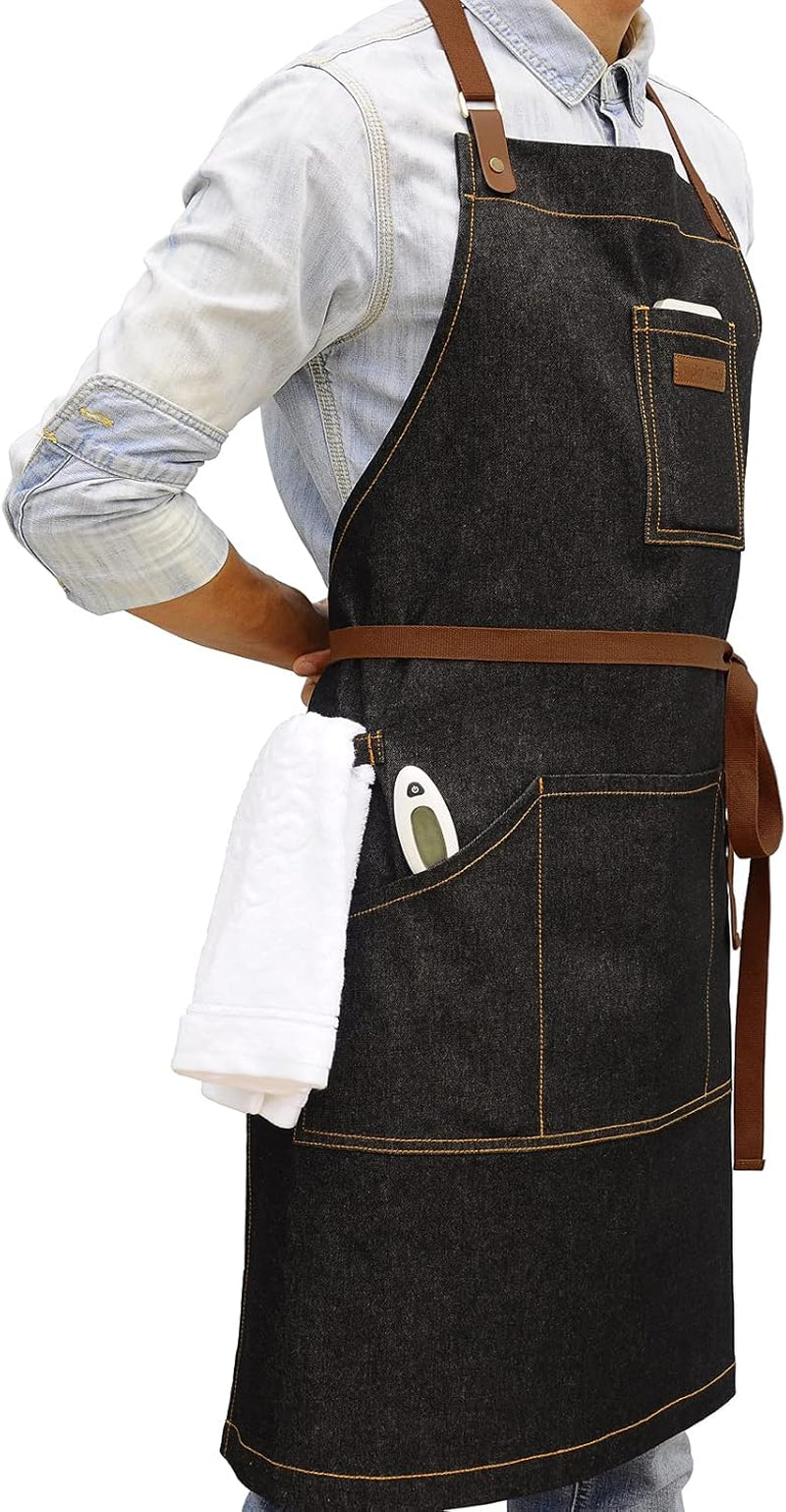 Denim Kitchen Apron with Pockets and Adjustable Neck Straps for Men and Women