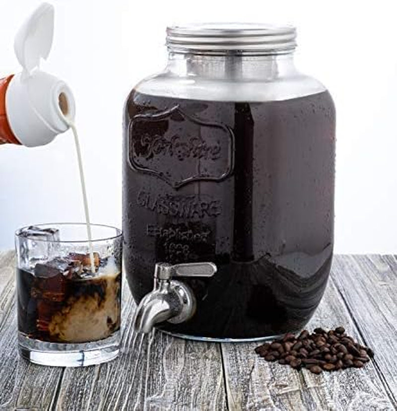 cold brew coffee maker, 1 gallon iced coffee maker, stainless steel spigot cold brew, extra thick glass pitcher, refrigerator safe coffee maker, homemade cold brew system, borosilicate glass carafe, ultra-fine mesh filter