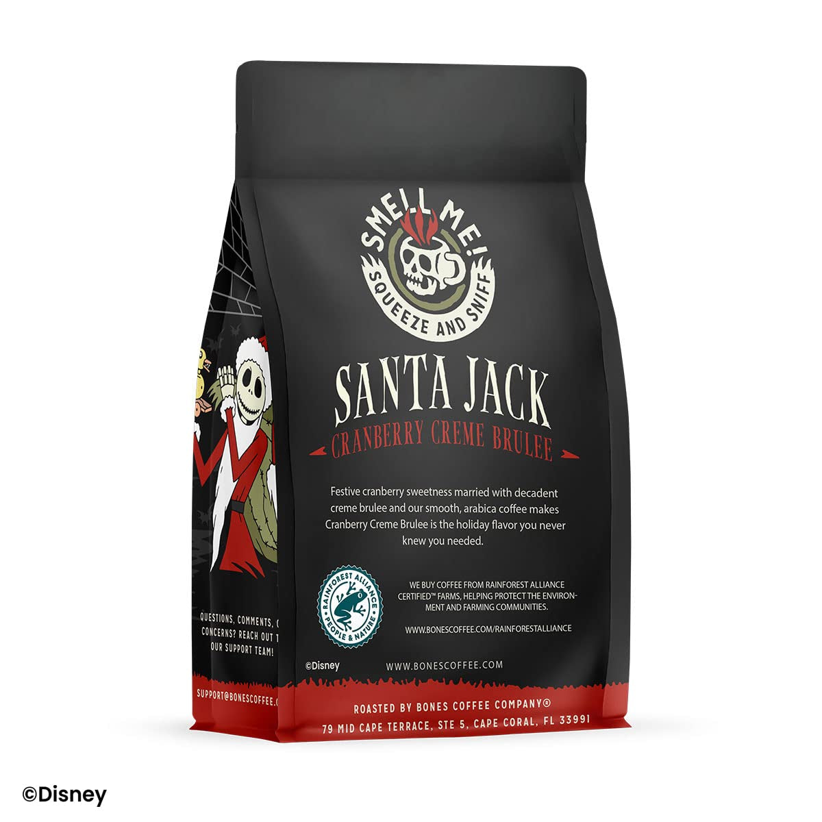 Santa Jack Cranberry Creme Brulee Coffee, medium roast, festive flavor, 12 oz bag, low acid, vegan and keto friendly, Bones Coffee Company.