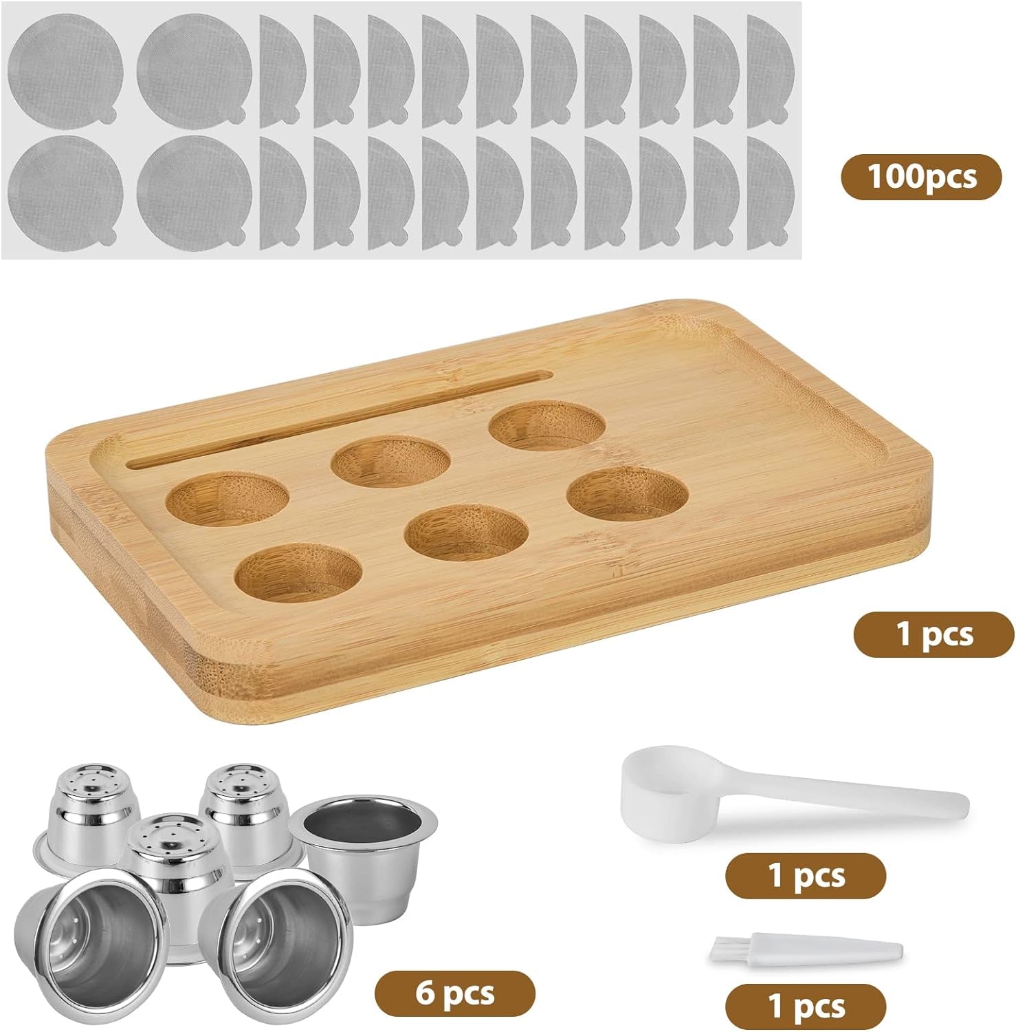 reusable Nespresso capsules, stainless steel coffee pods, bamboo storage tray for coffee pods, refillable espresso pods, eco-friendly coffee pods