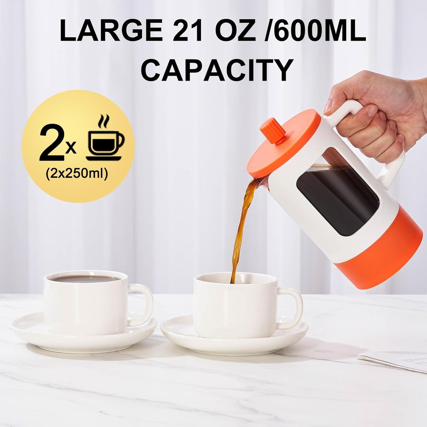 21Oz French Press Coffee Maker, 2 cup heat-resistant glass French press, 4-level filtration coffee maker, portable cold brew coffee press, white and orange French press