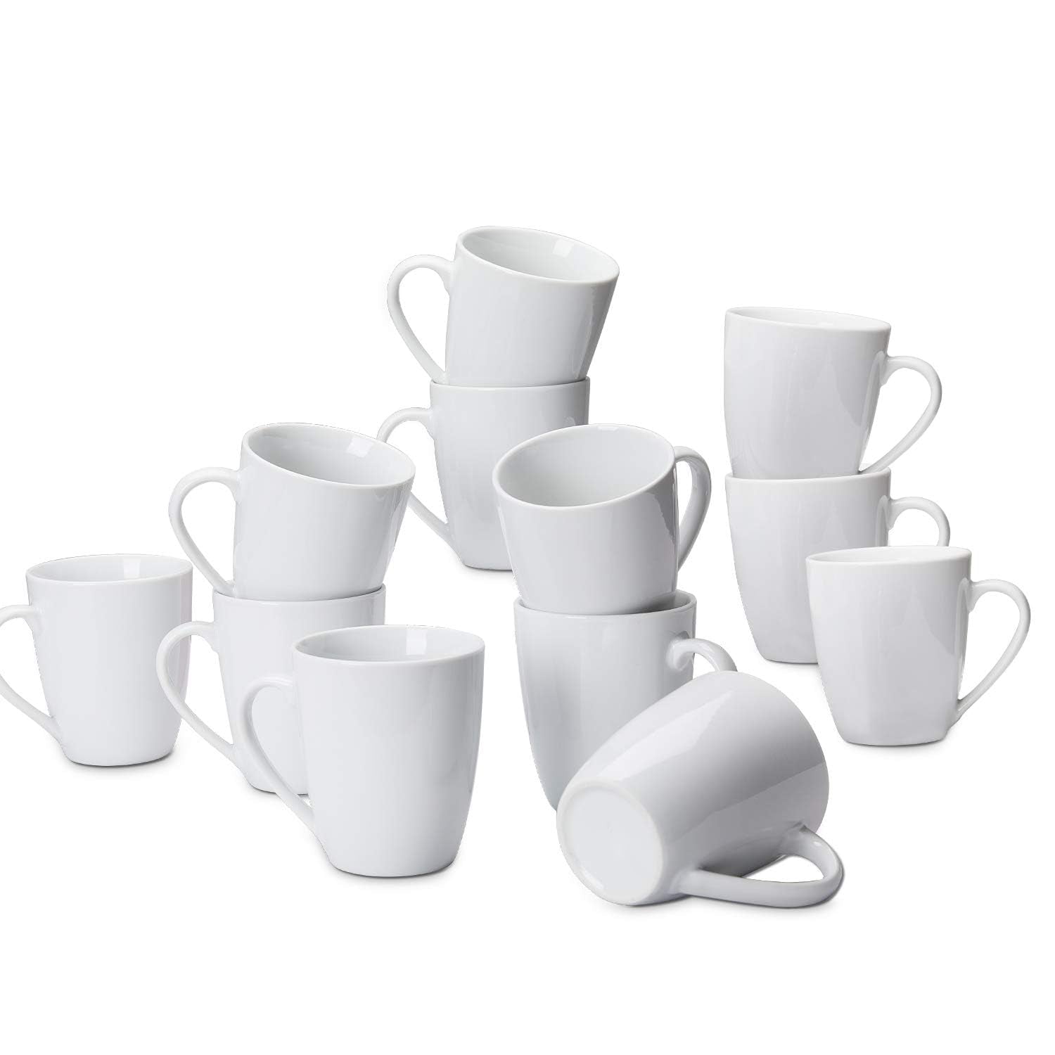 Set of 12 white porcelain coffee mugs, 12 ounces each, durable and stackable, oven and microwave safe, ideal for restaurants and everyday use.