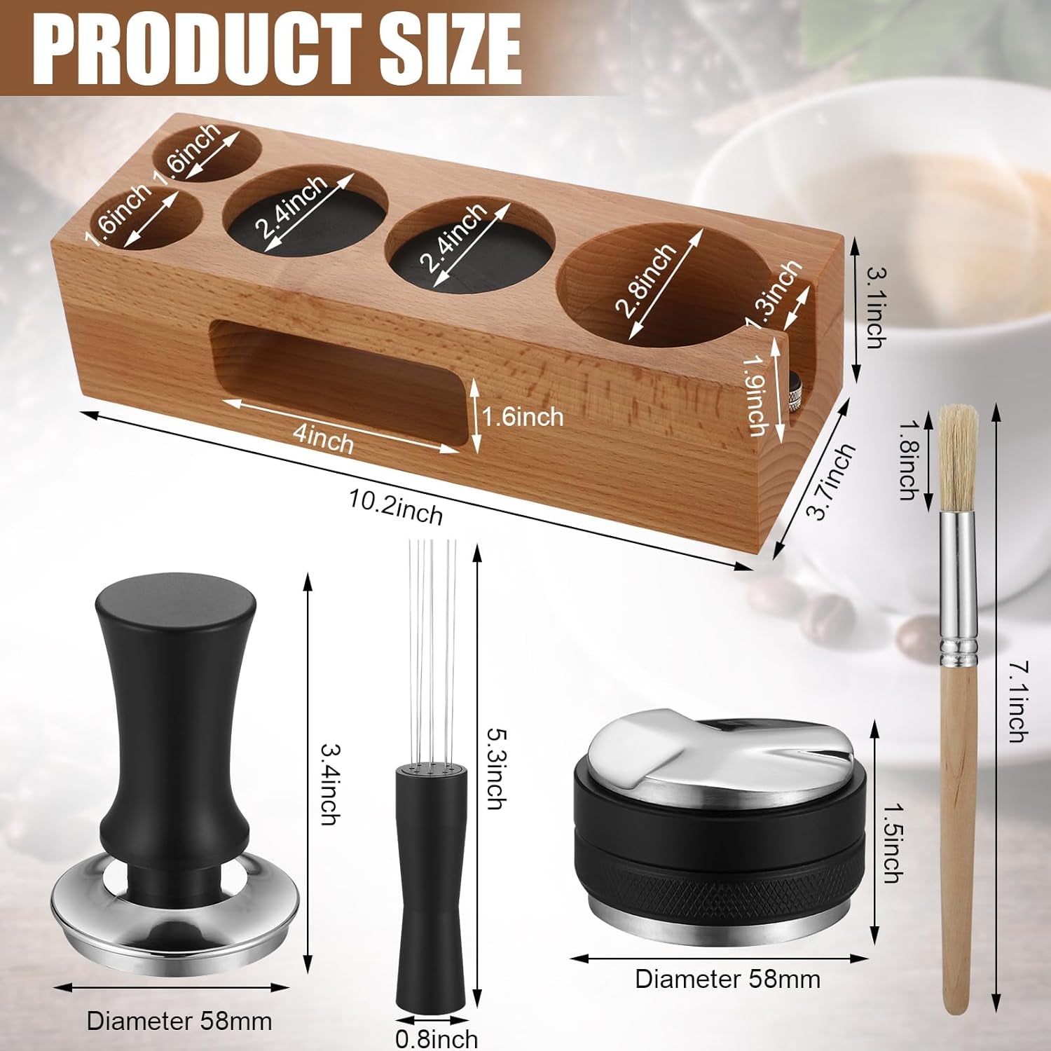 58mm espresso accessories kit, wooden tamper station, coffee distributor, espresso stirrer, coffee tamper, barista tools