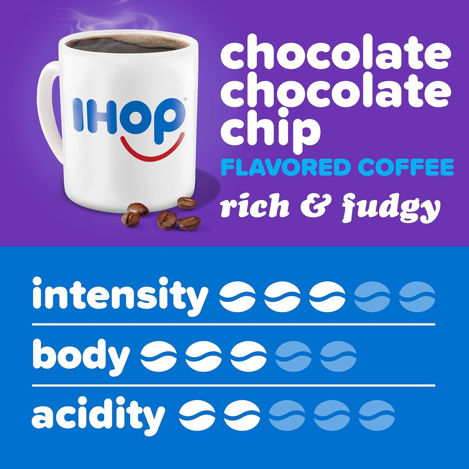 IHOP Chocolate Chocolate Chip flavored ground coffee, 11 oz bag, premium Arabica beans, home brewing, indulgent coffee, kosher certified.