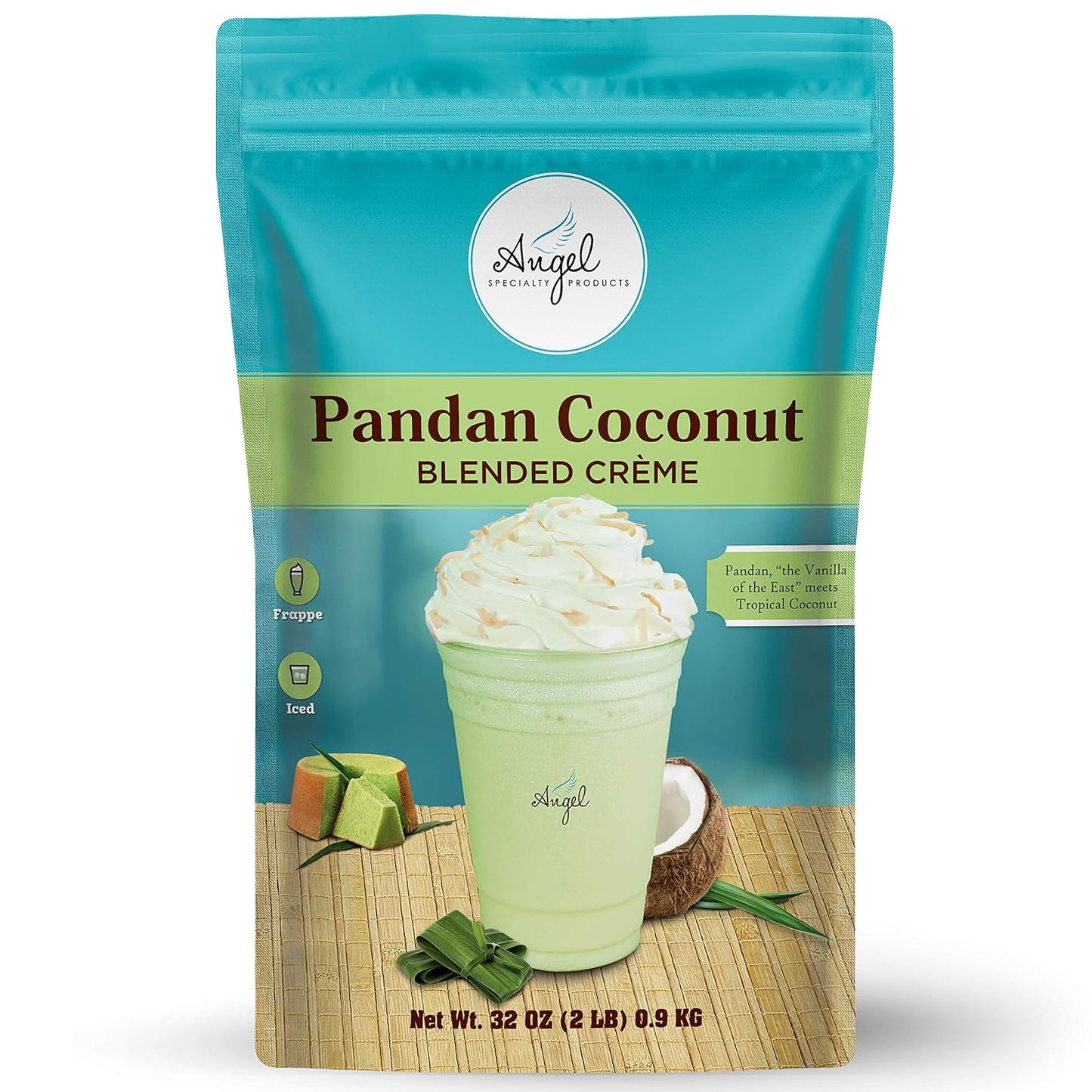 Pandan Coconut Blended Crème Mix, 2LB, Angel Specialty Products, Instant Powder Mix, Resealable Bag, Pandan Frappe, Smoothies, Boba, Bubble Tea, Barista Style Drinks, Made in USA