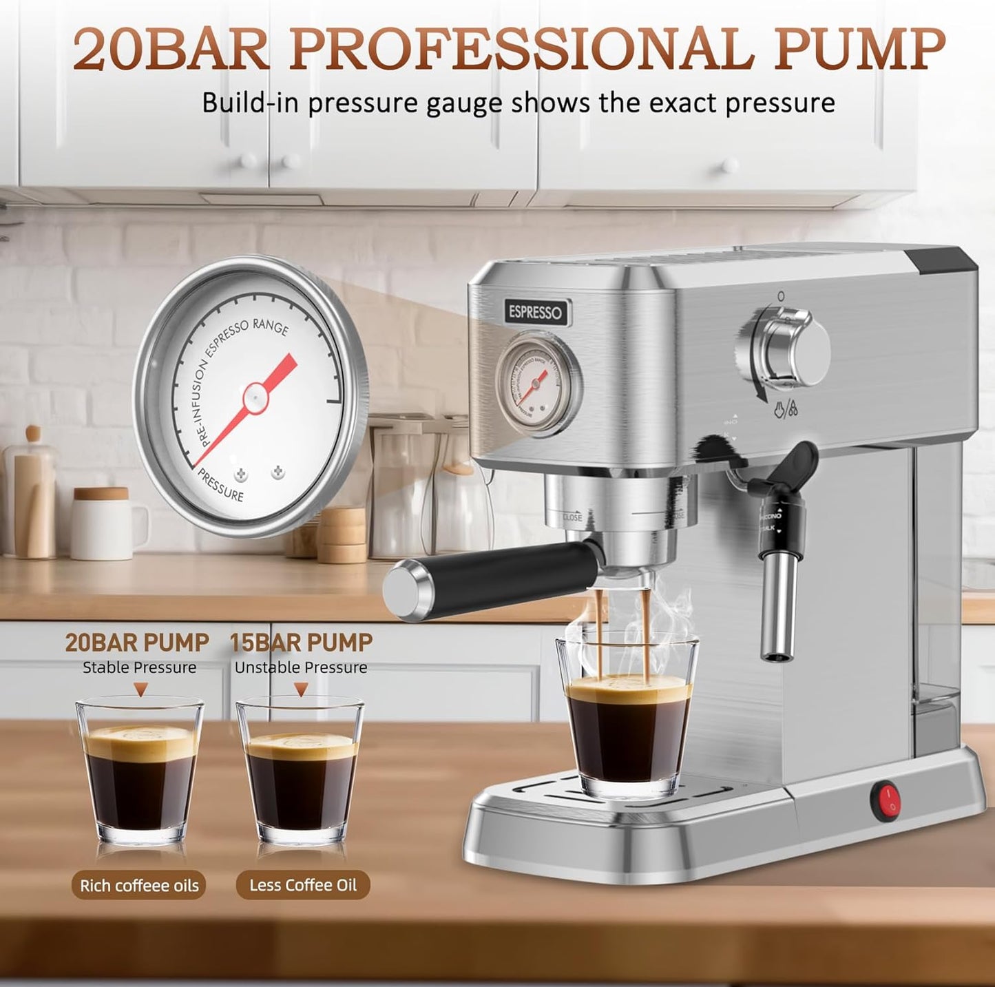 Espresso Machine, 20 Bar Espresso Maker, Milk Frother Steam Wand, Stainless Steel, 50Oz Water Tank, Home Coffee Machine, Cappuccino Latte Maker