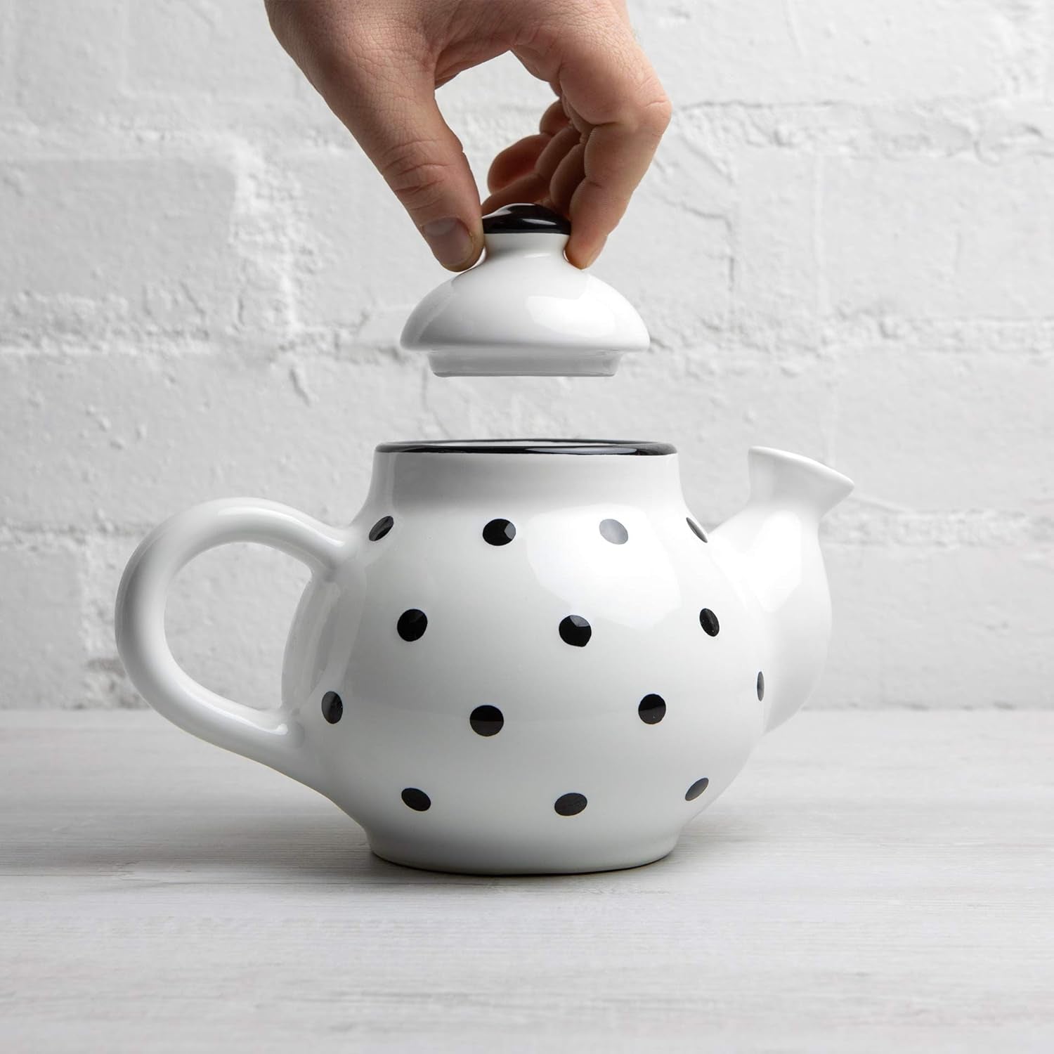 Ceramic 26 Oz Teapot, White & Black Polka Dot Teapot, Handcrafted Teapot, Blooming and Loose Tea Teapot, Microwave Safe Teapot