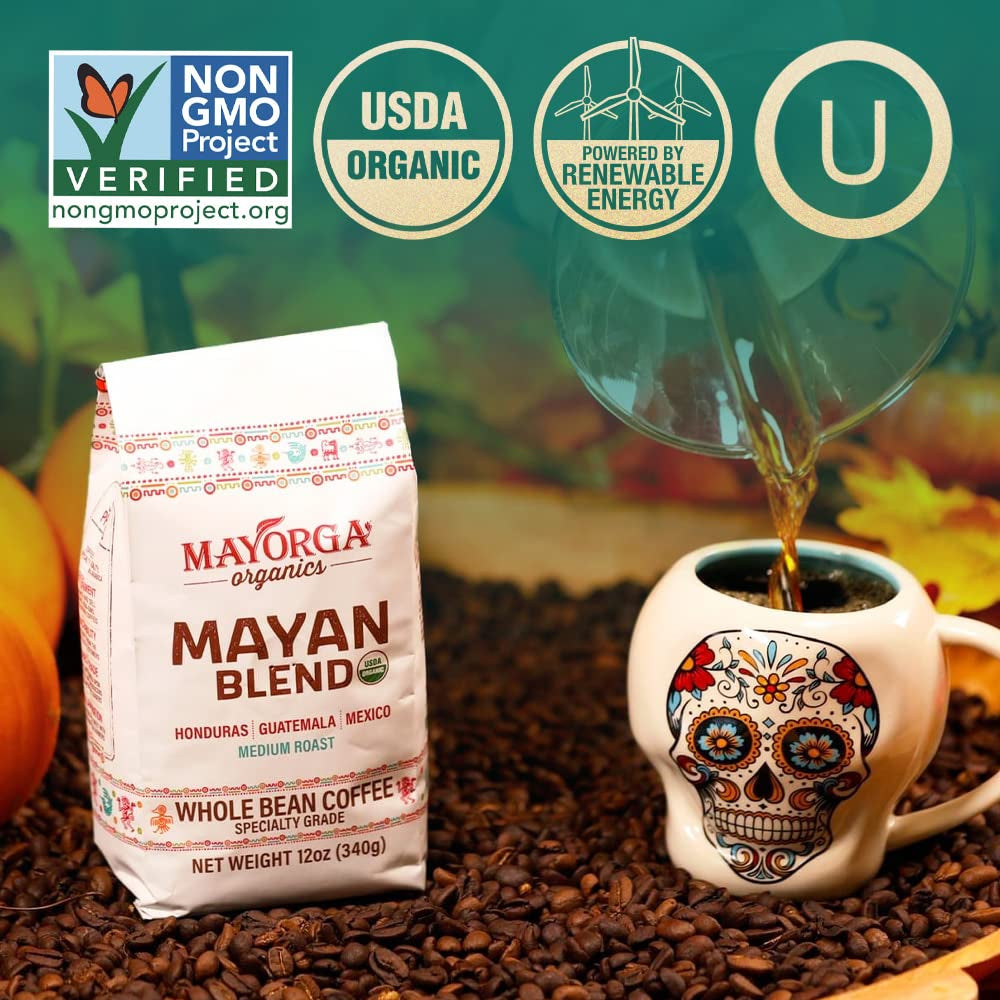 Medium roast whole bean coffee, Mayan blend organic coffee, 2 lb bag Arabica coffee, Mayorga specialty coffee, direct trade coffee beans, chocolate-flavored coffee, sustainably sourced organic coffee, slow-roasted Arabica coffee beans, Mayorga Coffee Mayan blend, Latin American whole bean coffee.