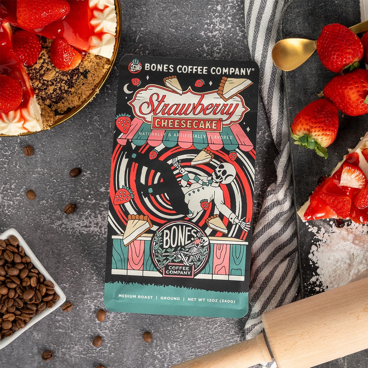 Strawberry Cheesecake Coffee Beans, low acid, dark roast, Arabica, gourmet coffee, vegan friendly, keto friendly, 12 oz bag, fresh strawberry flavor, artisan roasted, sweet aroma.