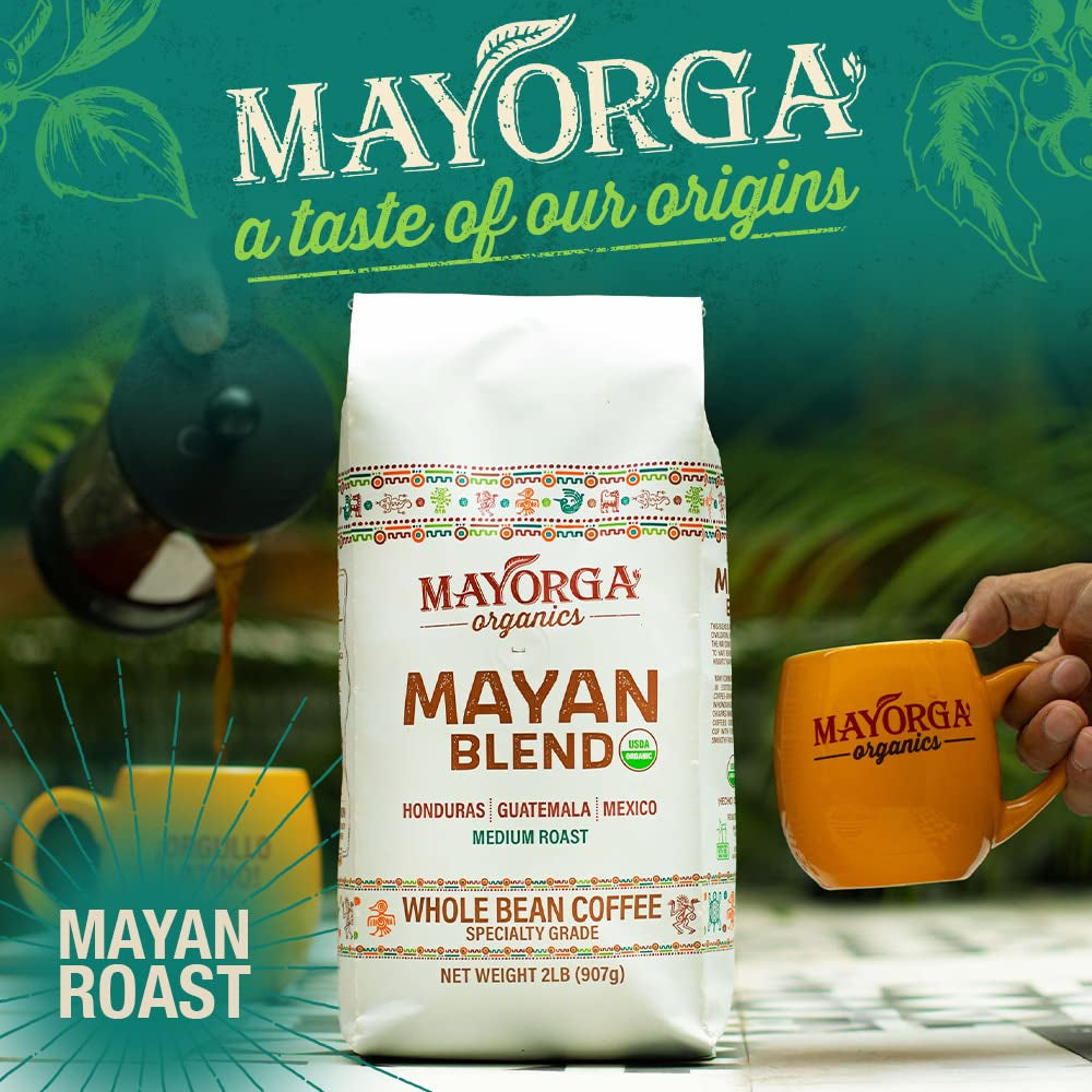 Medium roast whole bean coffee, Mayan blend organic coffee, 2 lb bag Arabica coffee, Mayorga specialty coffee, direct trade coffee beans, chocolate-flavored coffee, sustainably sourced organic coffee, slow-roasted Arabica coffee beans, Mayorga Coffee Mayan blend, Latin American whole bean coffee.