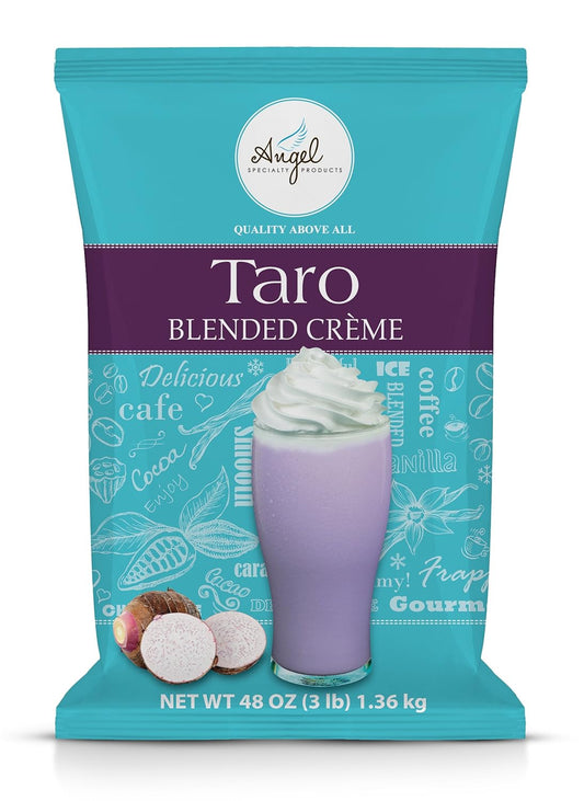 Taro blended crème mix, 3 lb taro mix, Angel taro blend, taro bubble tea mix, taro frappe mix, instant taro mix, premium taro powder, taro smoothie mix.