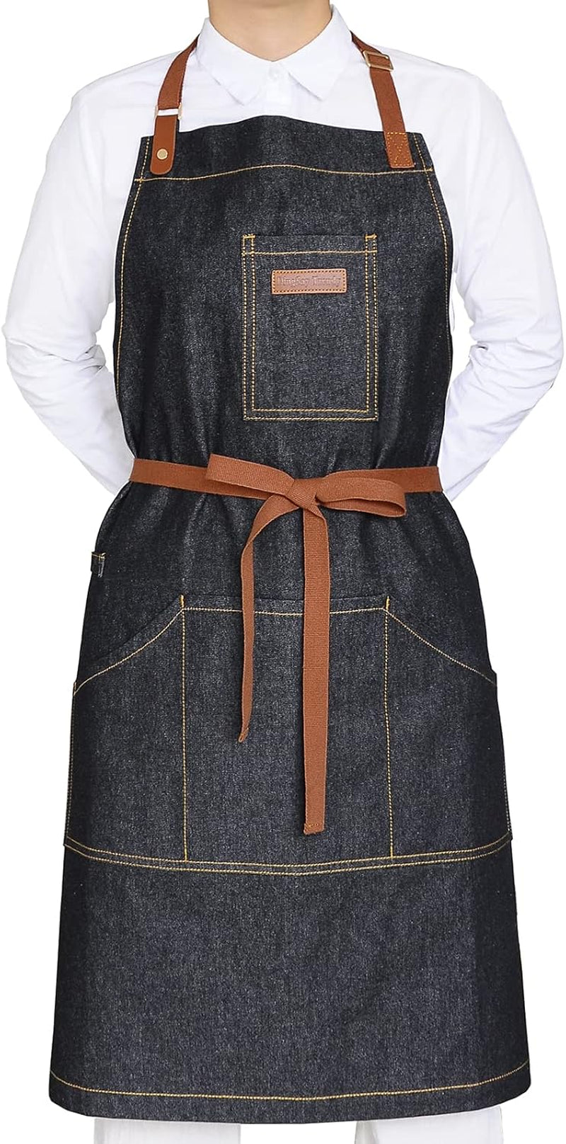 Denim Kitchen Apron with Pockets and Adjustable Neck Straps for Men and Women