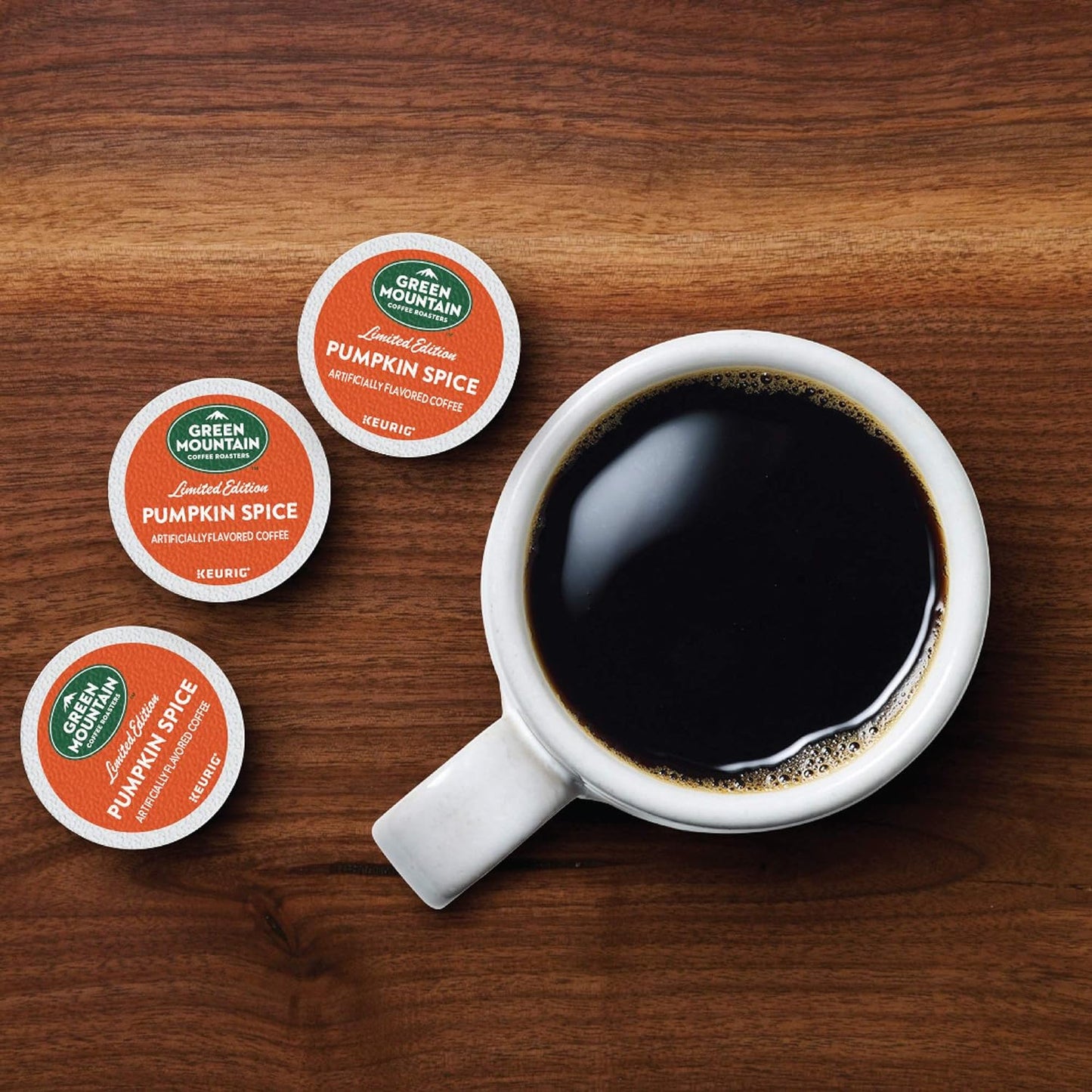 Green Mountain Pumpkin Spice K-Cup pods, 32 count, light roast coffee with cinnamon and nutmeg flavors, compatible with Keurig coffee makers.






