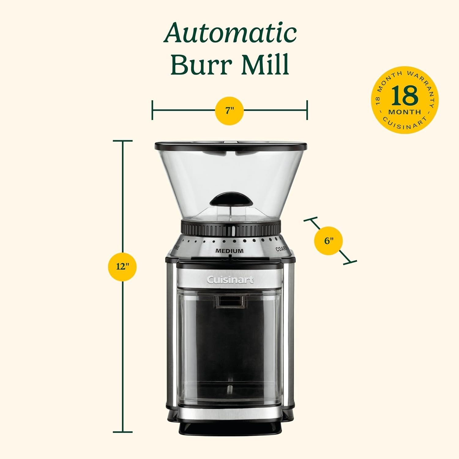 Electric burr grinder, One-touch automatic grinder, 18-position grind selector, Cuisinart burr mill, Stainless steel coffee grinder, Removable bean hopper, Uniform coffee grind, Coffee grinder with timer, Heavy-duty motor grinder, Home coffee grinder