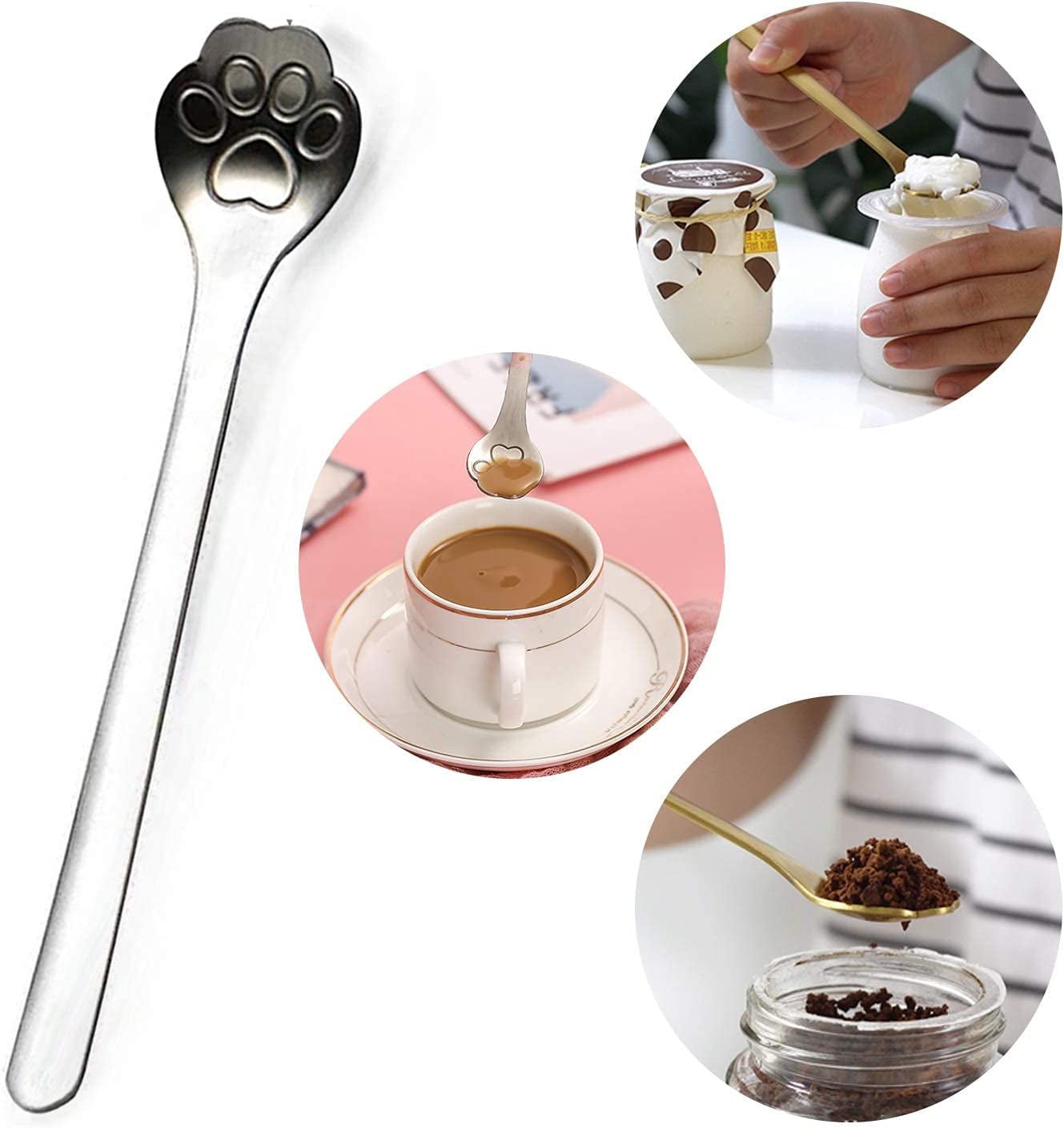 cat paw teaspoons, stainless steel teaspoons, coffee stirring spoons, dessert spoons, ice cream spoons, 5.9 inch spoons, cute cat design, dishwasher safe spoons, kitty cat themed gifts, durable kitchen utensils