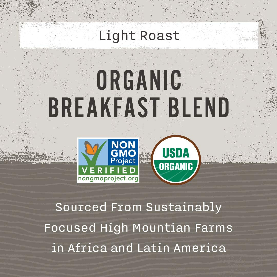 Organic Breakfast Blend Ground Coffee, 12 Oz, bright and citrusy with milk chocolate and caramel notes.