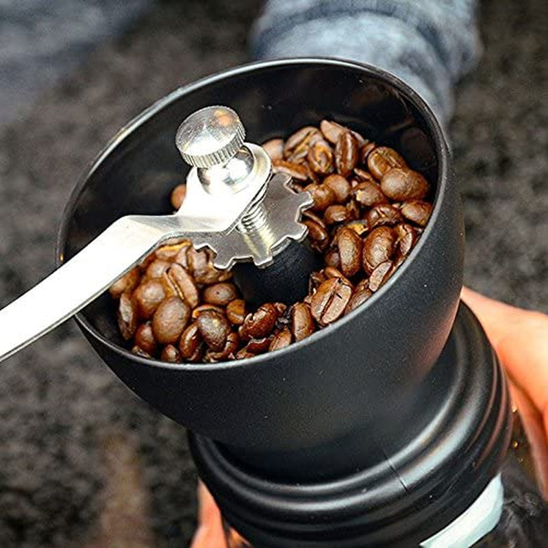 Manual coffee grinder with ceramic burrs, hand coffee mill with glass jars, adjustable grind coffee grinder, easy to clean coffee grinder, portable coffee grinder with brush and scoop, stainless steel handle coffee grinder, ceramic burr coffee grinder, coffee mill with storage jars