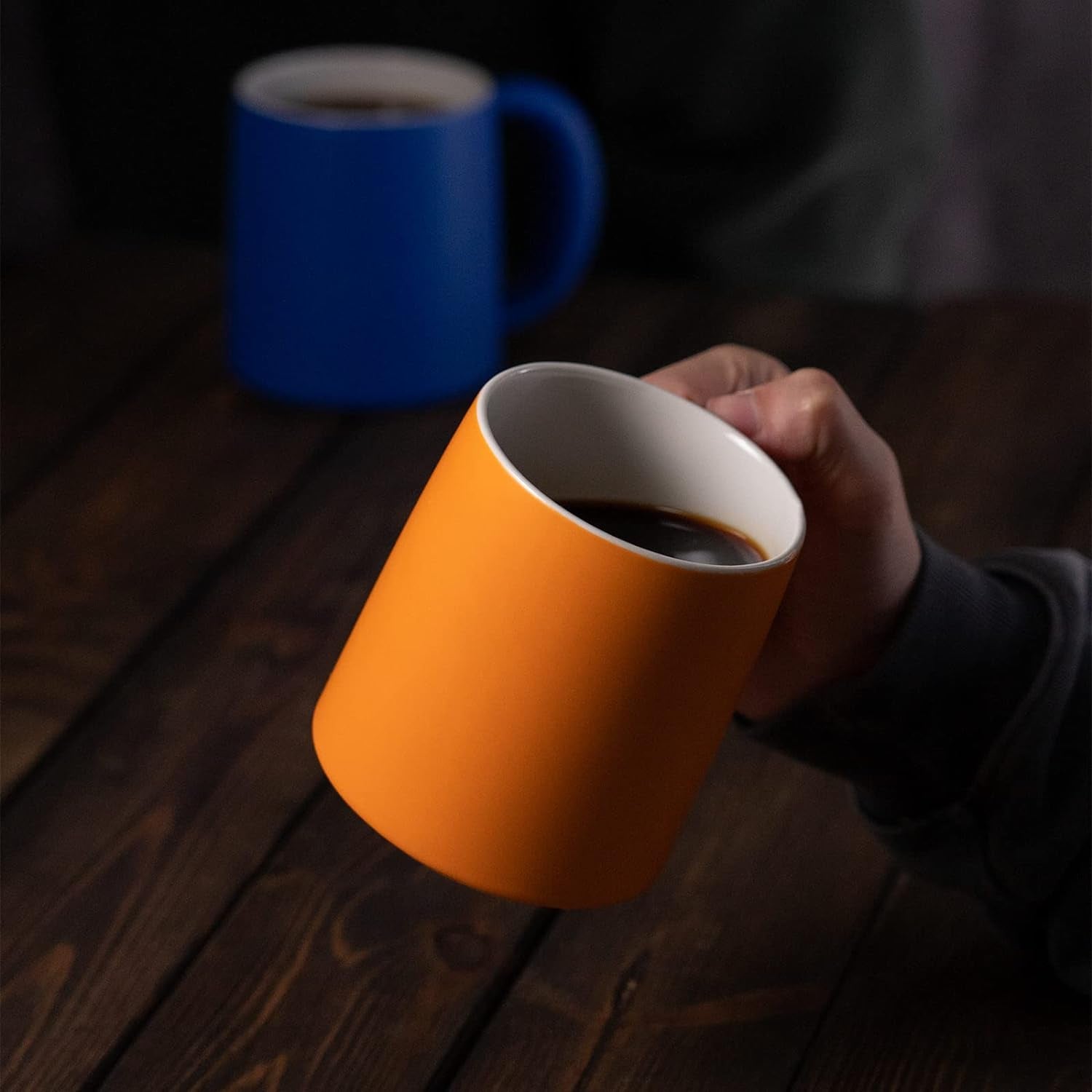 Cute ceramic coffee mug, funny coffee mug with spoon, novelty coffee mug, creative thicker handle mug, dishwasher safe coffee cup, microwave safe mug, blue and orange coffee cup, latte tea milk mug