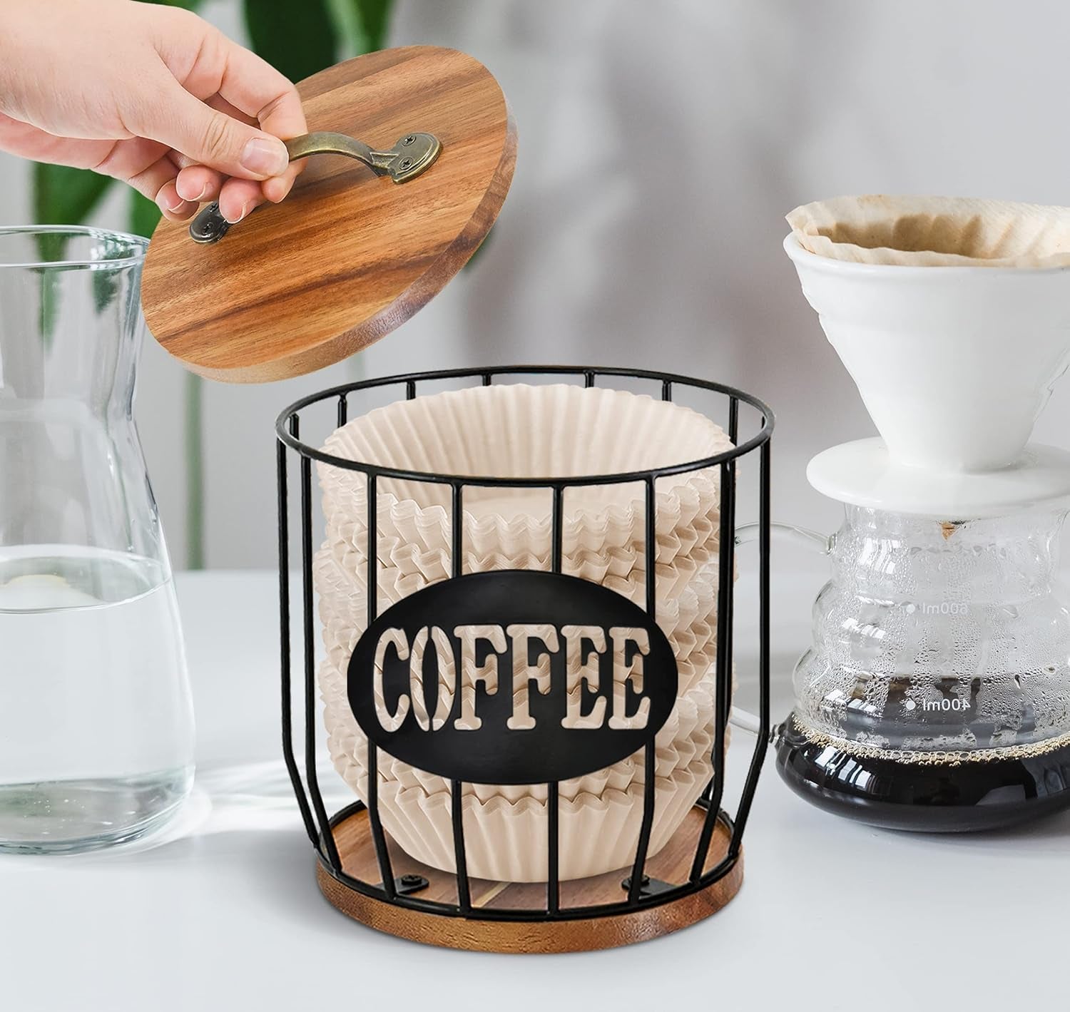 Coffee filter holder with lid, large capacity coffee pod organizer, kitchen countertop storage, coffee station decor