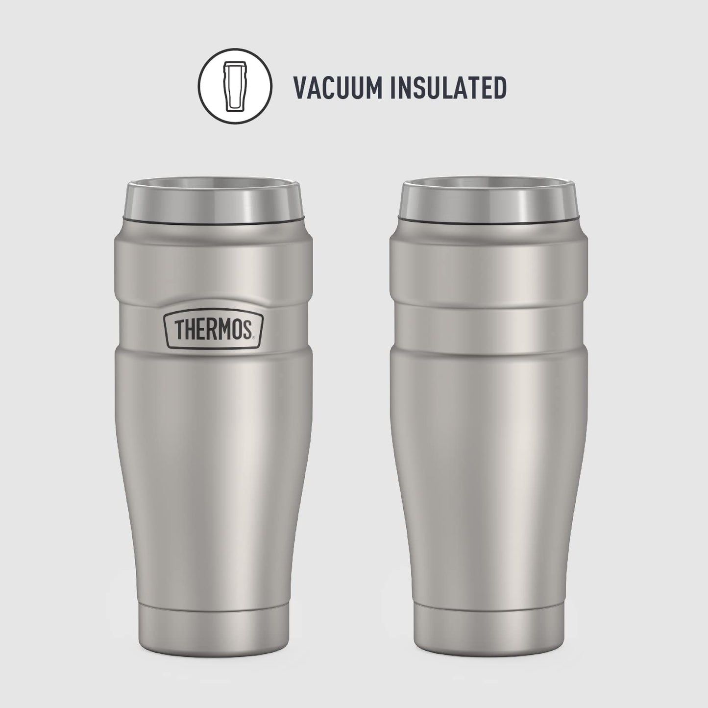 stainless steel travel tumbler, vacuum-insulated coffee mug, 16 oz matte steel tumbler, thermos travel mug, leak-proof travel cup, hot and cold beverage tumbler, durable stainless steel mug, thermos brand tumbler