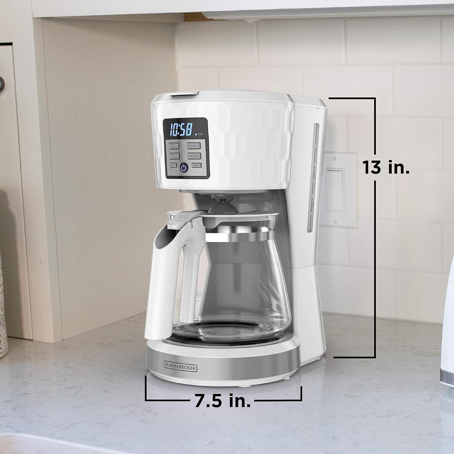 12-cup programmable coffeemaker, honeycomb collection coffee maker, white programmable coffee machine, BLACK+DECKER coffeemaker, textured finish coffee maker