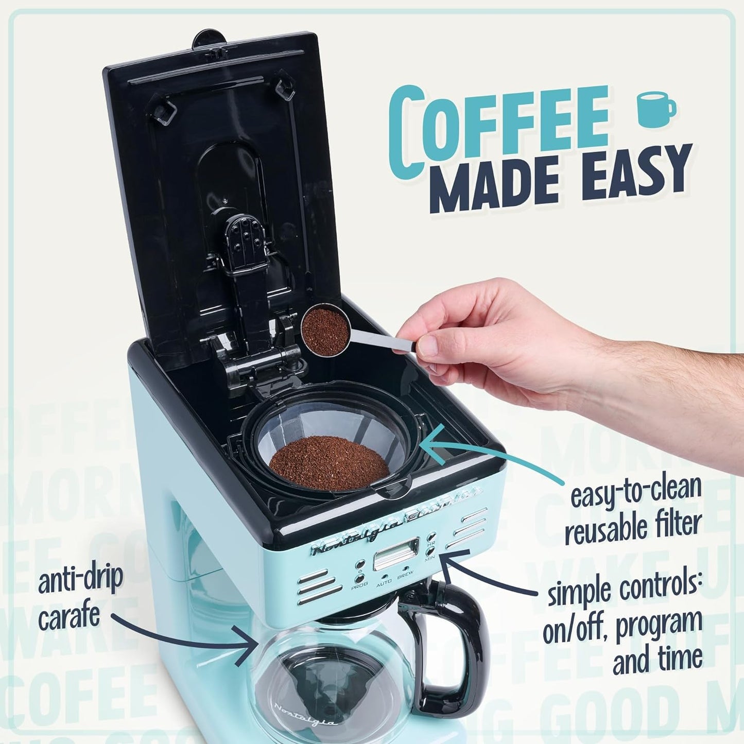 Retro Coffee Maker, 12-Cup Coffee Machine, Programmable Coffee Maker, Aqua Coffee Maker, Coffee Maker with LED Display