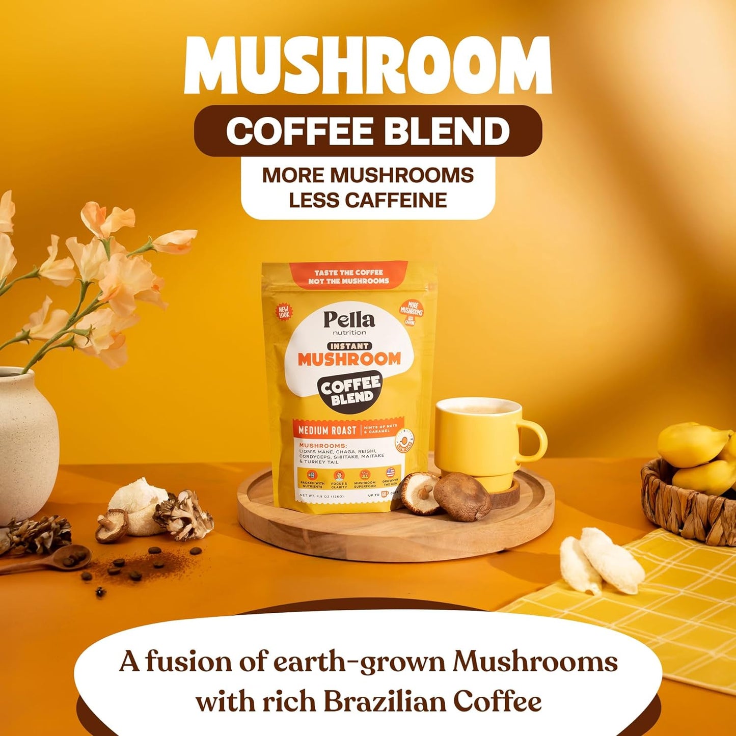 Organic Low-Caffeine Mushroom Coffee, 7 Superfood Mushrooms, Lion's Mane, Reishi, Chaga, Cordyceps, Shiitake, Maitake, Turkey Tail, Tremella, Agaricus Blazei, 60 Servings, Great Tasting Instant Coffee