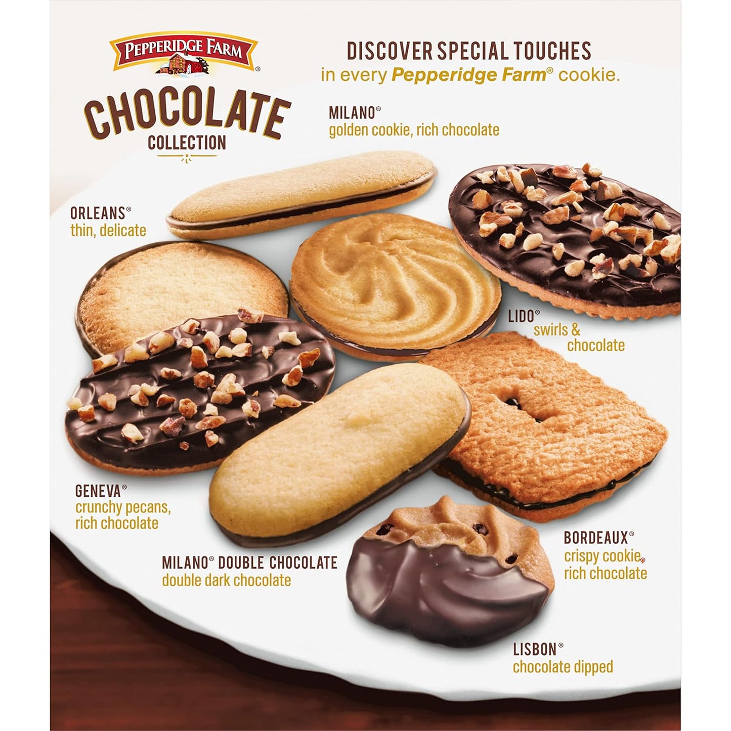 Pepperidge Farm chocolate cookie variety pack, 13 oz box, 7 cookie varieties, dark chocolate Milano, double dark chocolate Milano, Lido, Bordeaux, Lisbon, Geneva, Orleans