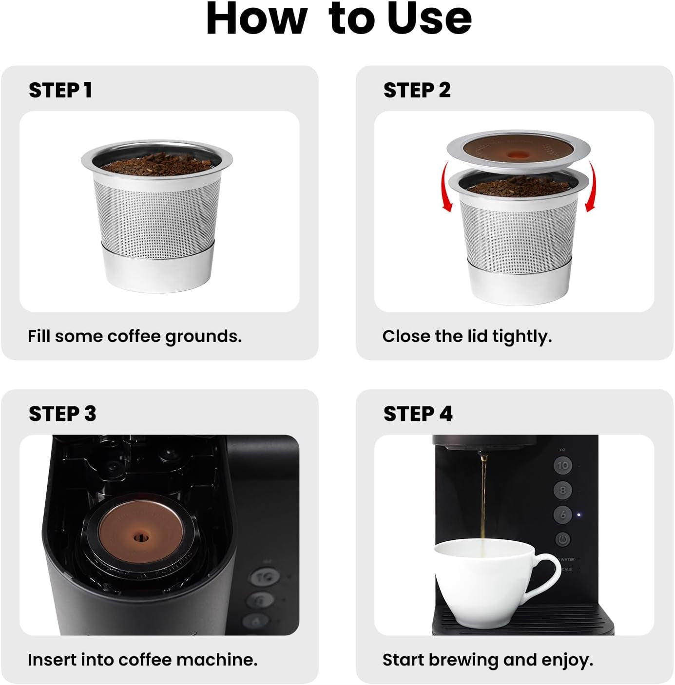 Reusable K Cups, stainless steel coffee pods, refillable K Cups, universal fit coffee filters, eco-friendly coffee pods, compatible with Keurig, stainless steel K Cups, cost-effective coffee pods, durable coffee pods, easy-to-clean K Cups