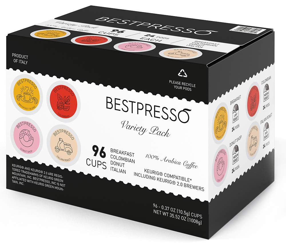 Coffee Variety Pack, 96 single-serve K-Cup pods compatible with Keurig 2.0 brewers, includes Breakfast Blend, Colombian, Donut Shop, and Italian Roast