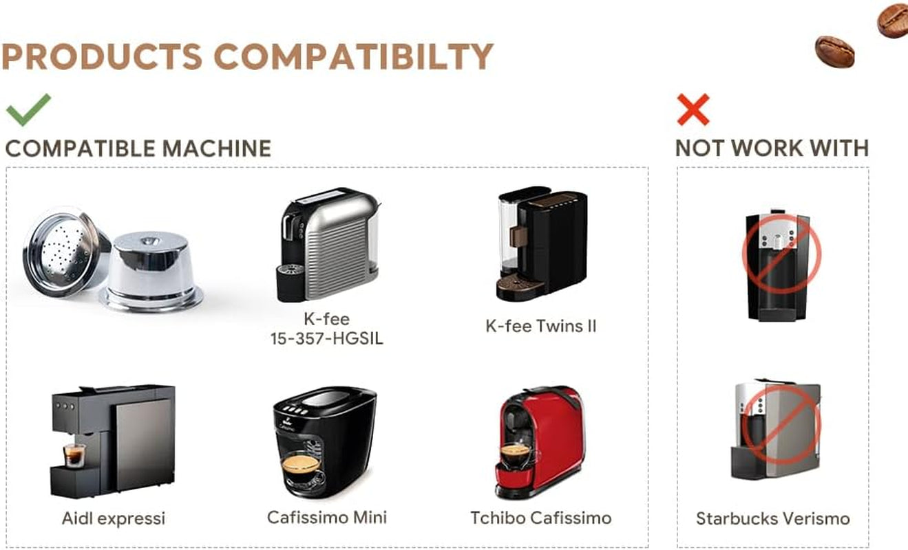 Reusable coffee pods, stainless steel coffee capsules, K-Fee compatible coffee pods, eco-friendly coffee pods, refillable coffee capsules, durable coffee pods, cost-effective coffee solution, coffee capsule accessories