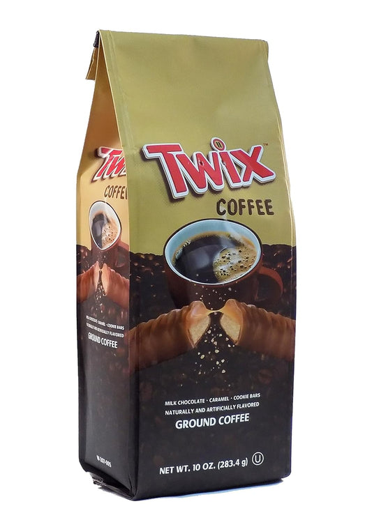 Twix flavored coffee, caramel cookie bar coffee, medium roast coffee, flavored ground coffee, 10 oz coffee bag, gourmet coffee blend, candy bar coffee flavor, premium ground coffee.