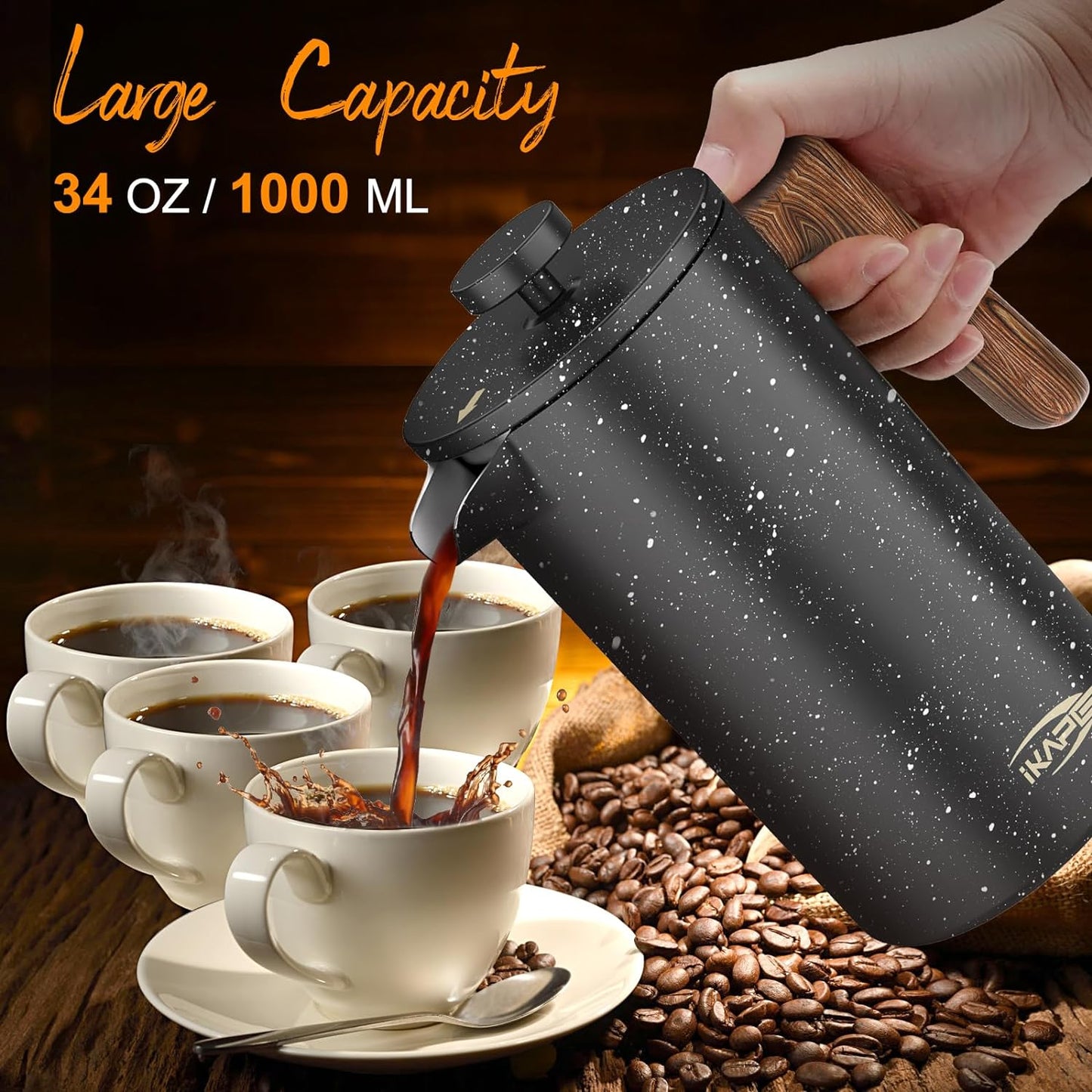 French Press Coffee Maker, 34 OZ Stainless Steel Coffee Press, Starry Black Espresso Maker, 4 Level Filtration System French Press, Wooden Handle Coffee Press, Pure Flavored Coffee Maker, IKAPE French Press, Easy Clean Coffee Press