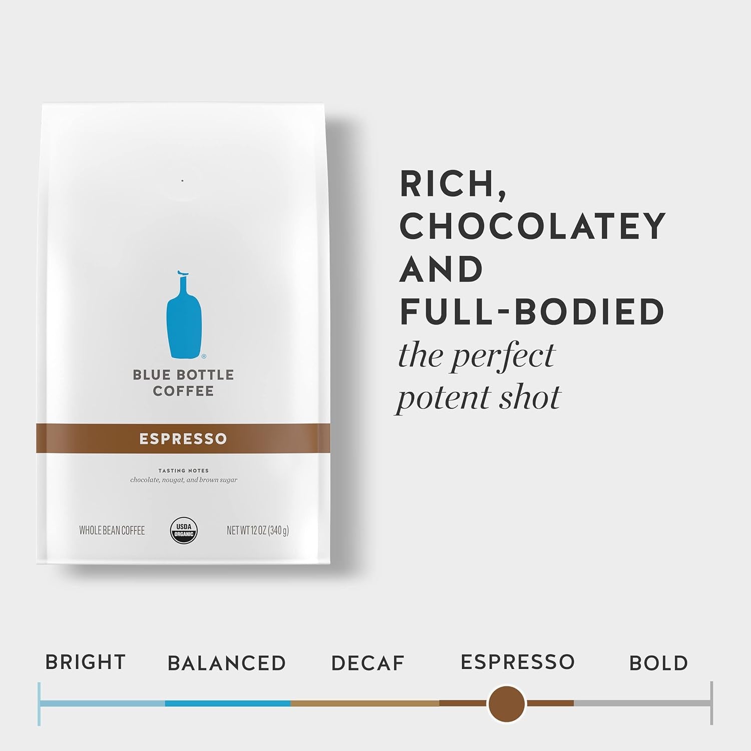 Blue Bottle whole bean organic espresso coffee, dark roast coffee beans, 12 oz coffee bag, rich espresso blend, organic whole bean coffee, specialty espresso coffee, chocolatey espresso flavor, Blue Bottle Coffee dark roast