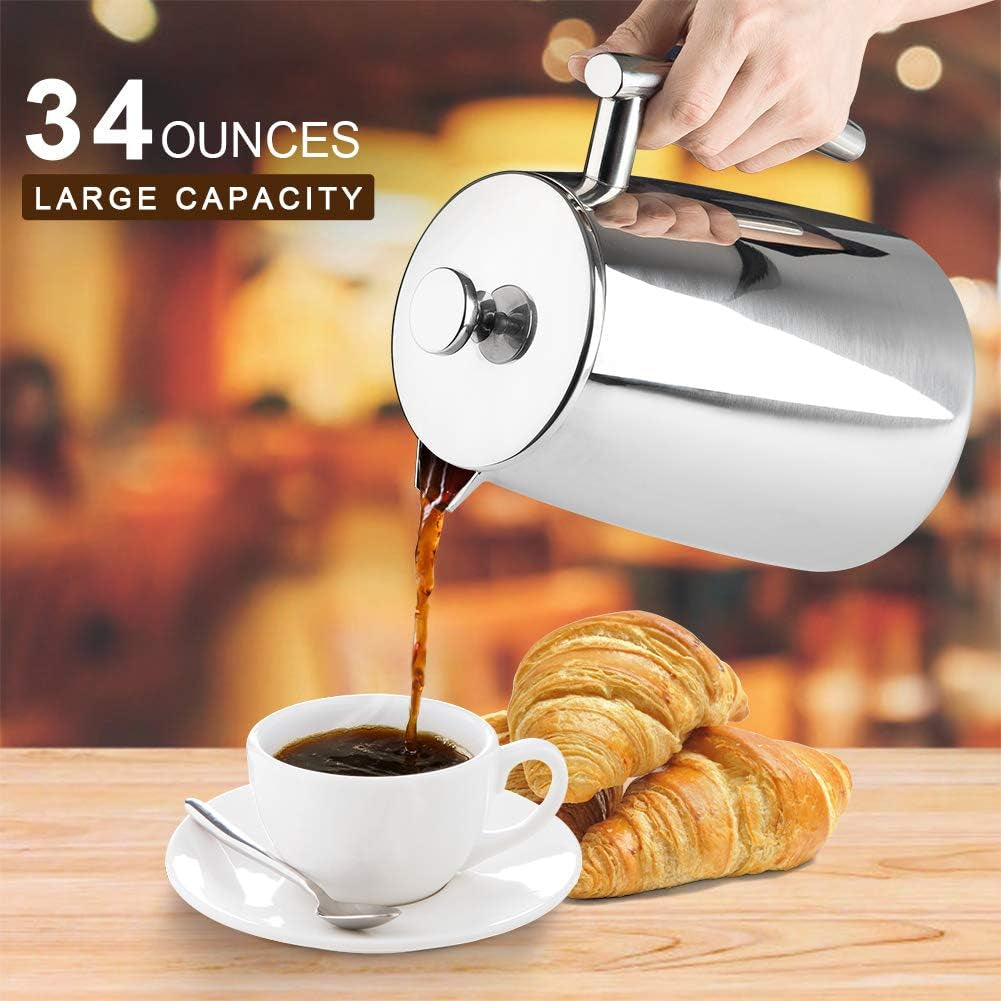  Stainless Steel French Press Coffee Maker, 34-Ounce, Insulated Coffee Press, Extra Screen, Cool Touch Handle