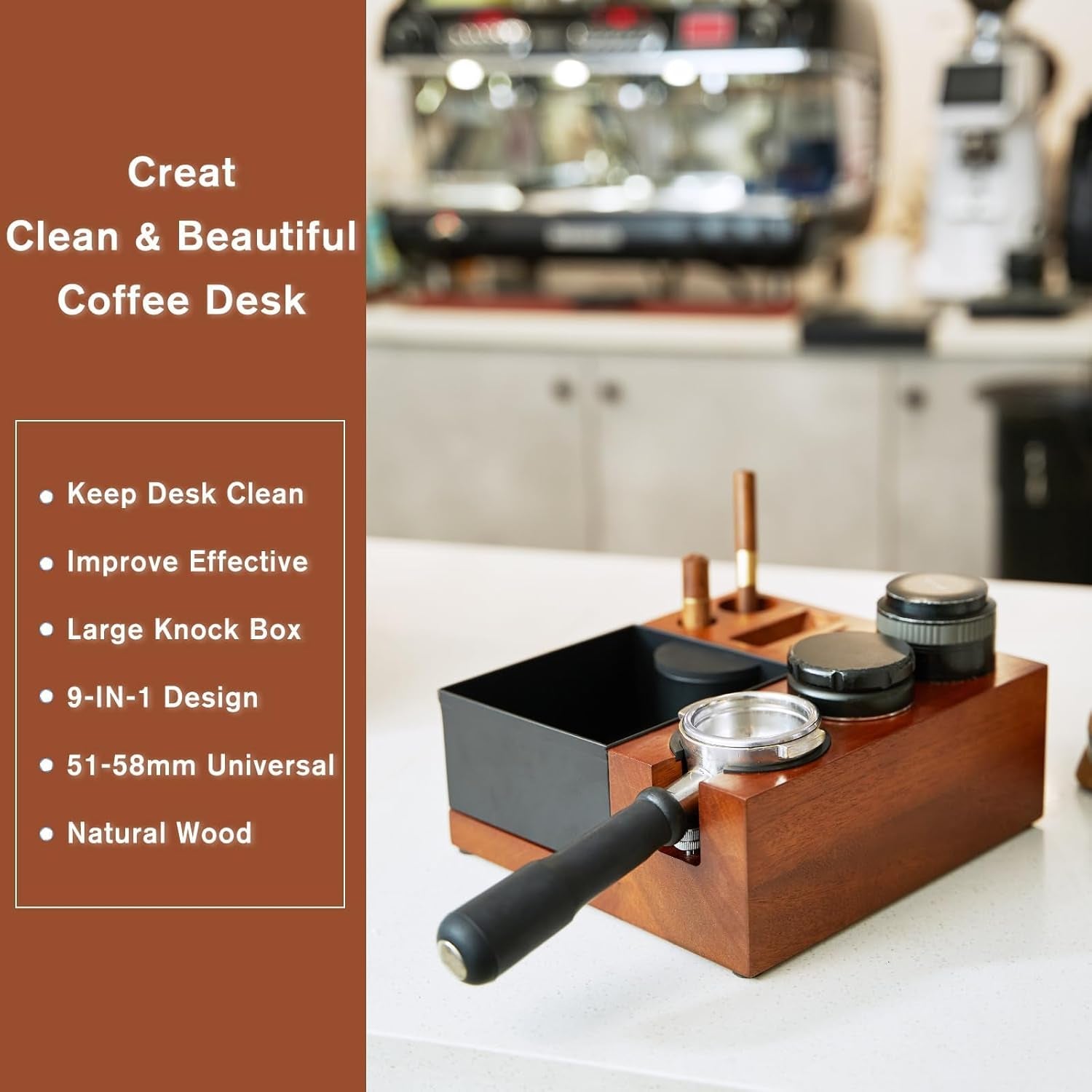 9-in-1 espresso tamping station, espresso knock box organizer, coffee tool organizer, espresso accessories storage, barista tamp station