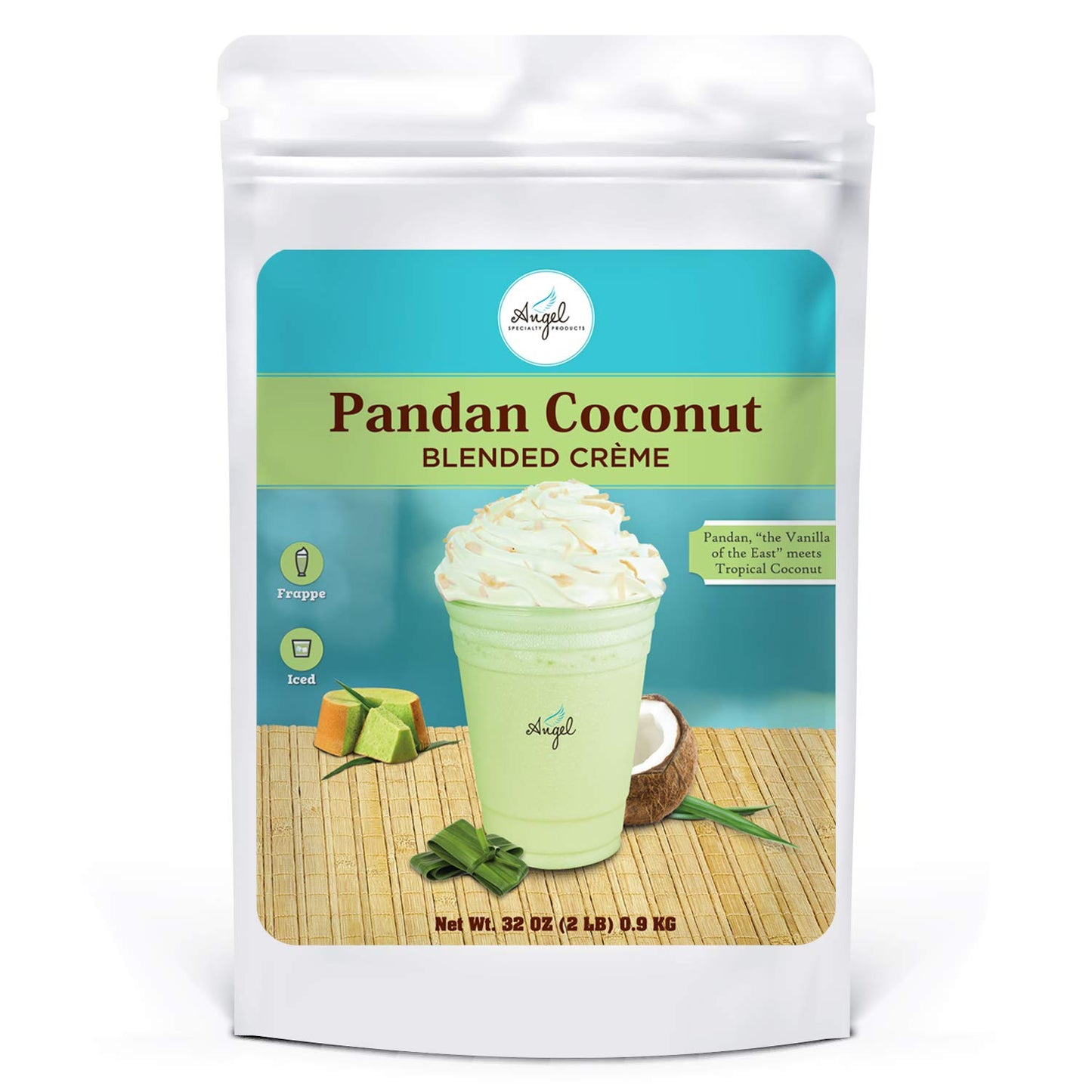 Pandan Coconut Blended Crème Mix, 2LB, Angel Specialty Products, Instant Powder Mix, Resealable Bag, Pandan Frappe, Smoothies, Boba, Bubble Tea, Barista Style Drinks, Made in USA