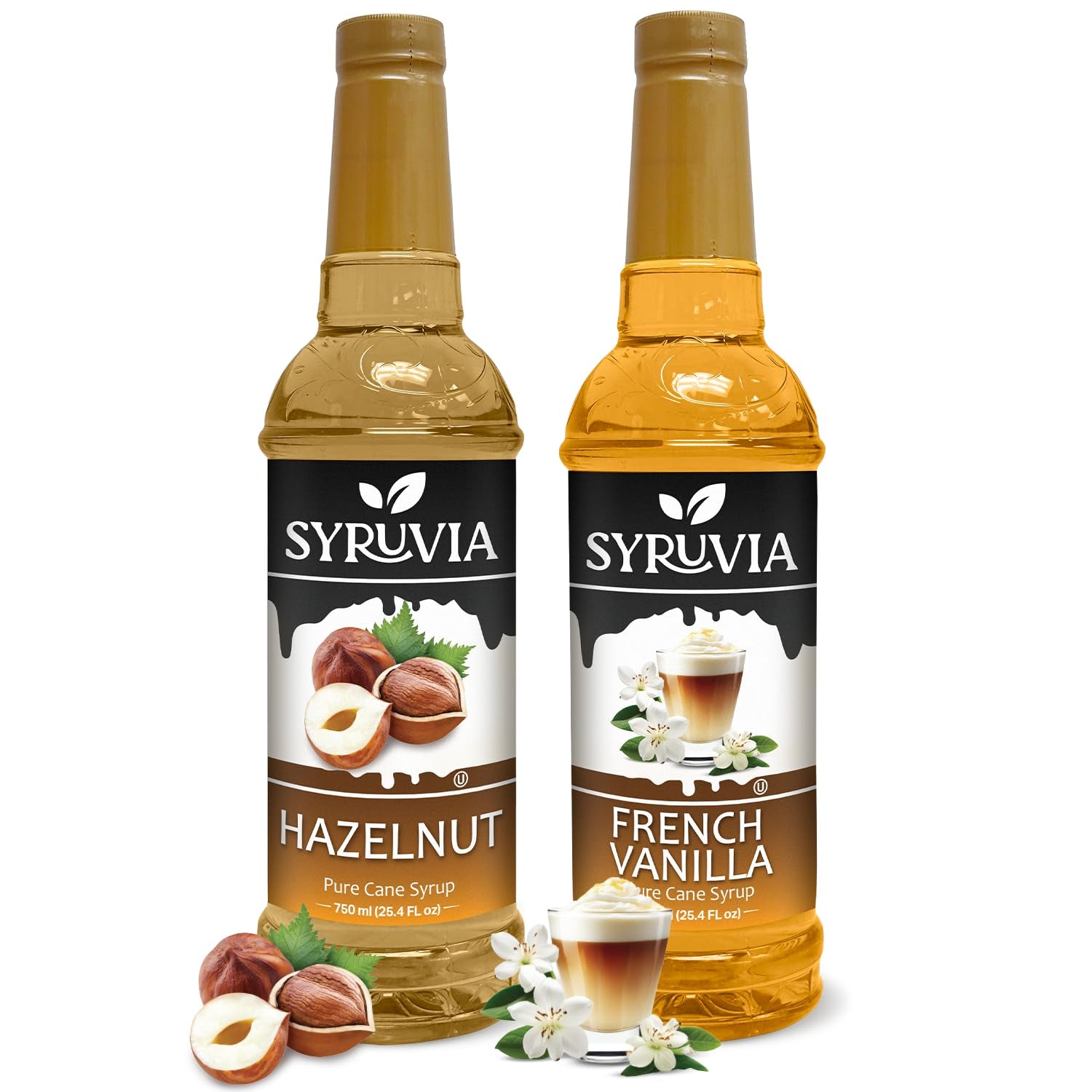 Hazelnut coffee syrup, French vanilla syrup, premium coffee syrups, kosher coffee syrups, gluten-free syrup, Syruvia flavoring syrups