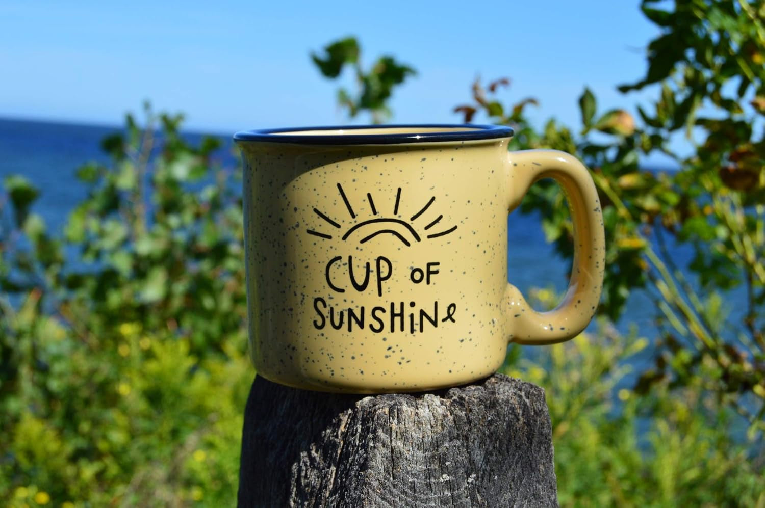 Ceramic campfire coffee mug, 15oz enamel camping mug, cute outdoor camper mug, coffee gift for hikers, Christmas gift mug for campers, durable camping drinkware, enamel mug for outdoor adventures, campfire mug with fun design.