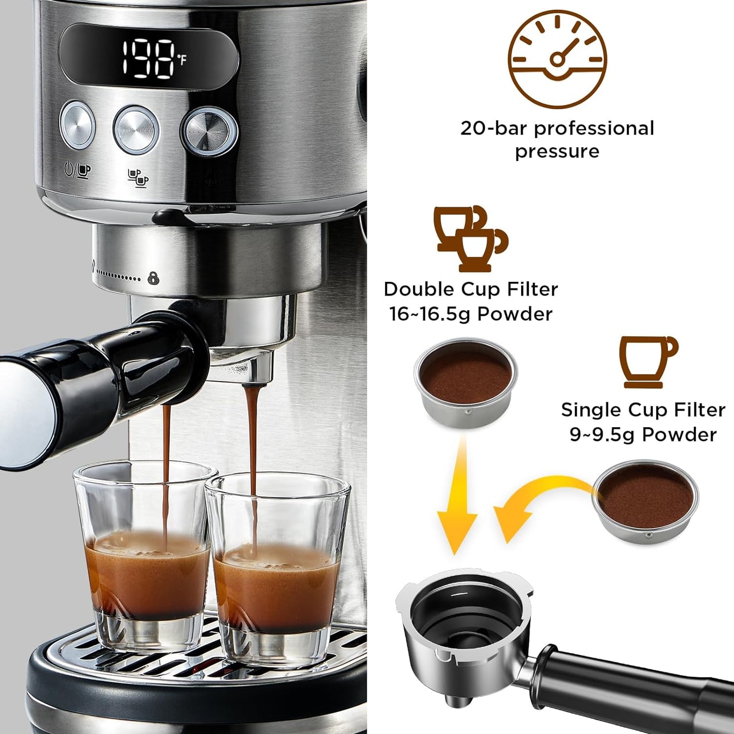 Espresso Machine, 20 Bar Espresso Maker, Coffee Machine with Milk Frother, 44Oz Water Tank Espresso Maker, Home Barista Coffee Machine