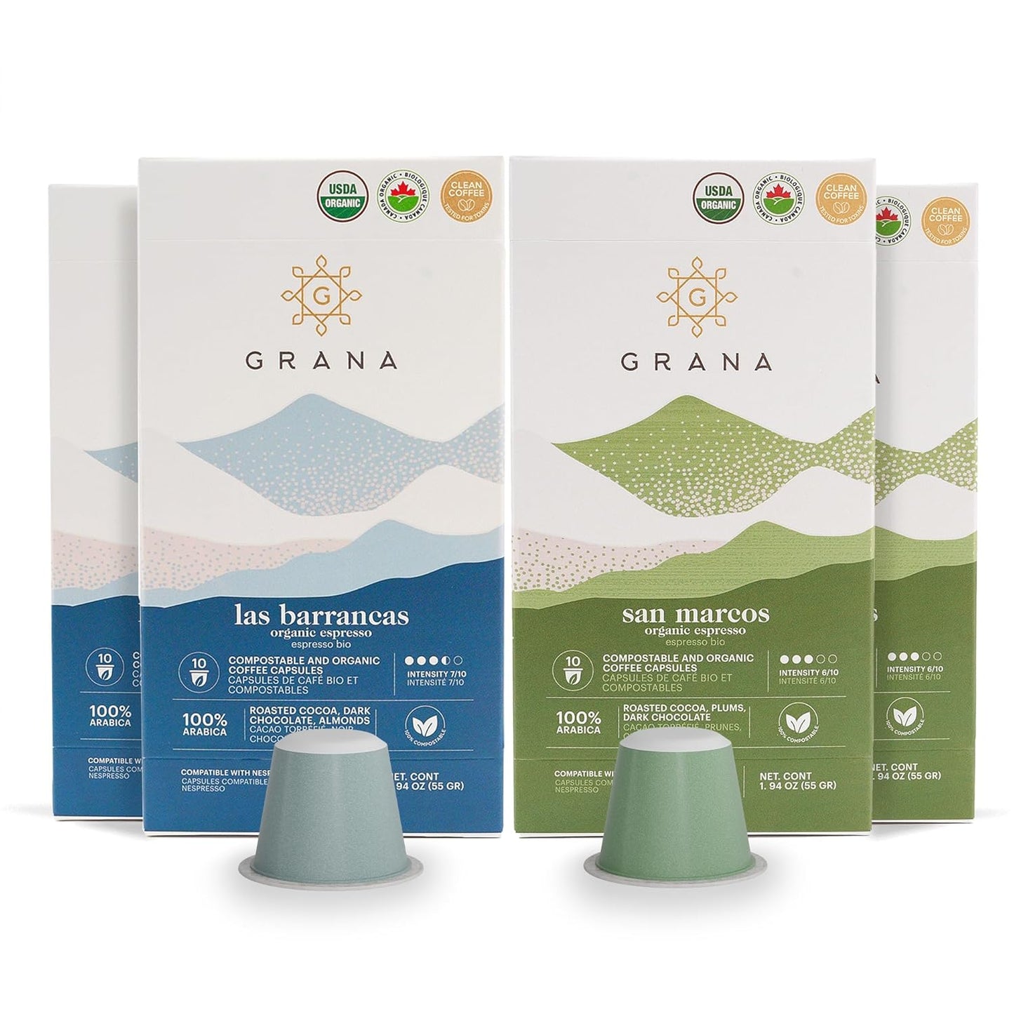 GRANA Nespresso Compatible Coffee Pods, 40 pack of organic Arabica coffee from San Marcos and Las Barrancas in compostable and biodegradable capsules.