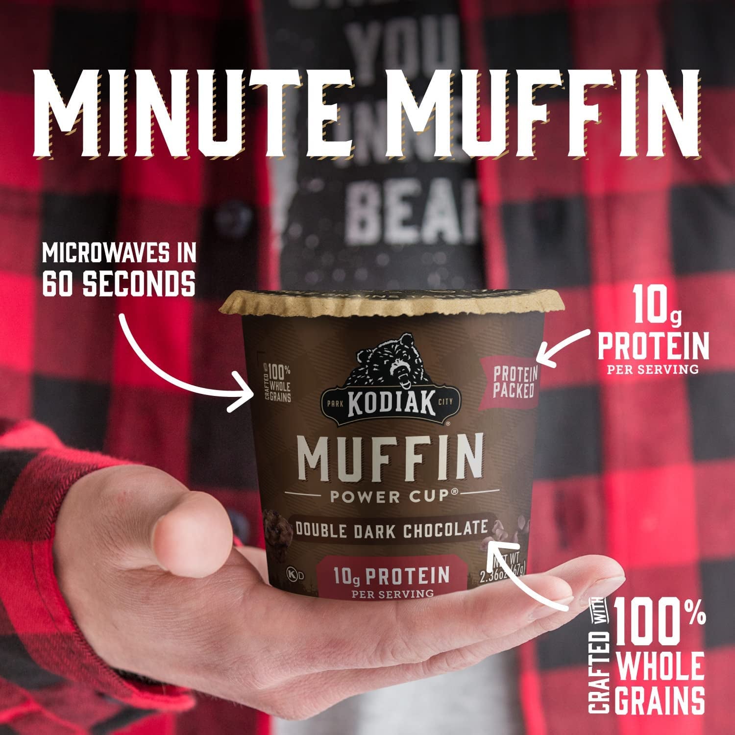 Kodiak Cakes Double Dark Chocolate Minute Muffins, High Protein Muffins, Ready in One Minute, Non-GMO Ingredients, Whole Grain Muffins, Pack of 12