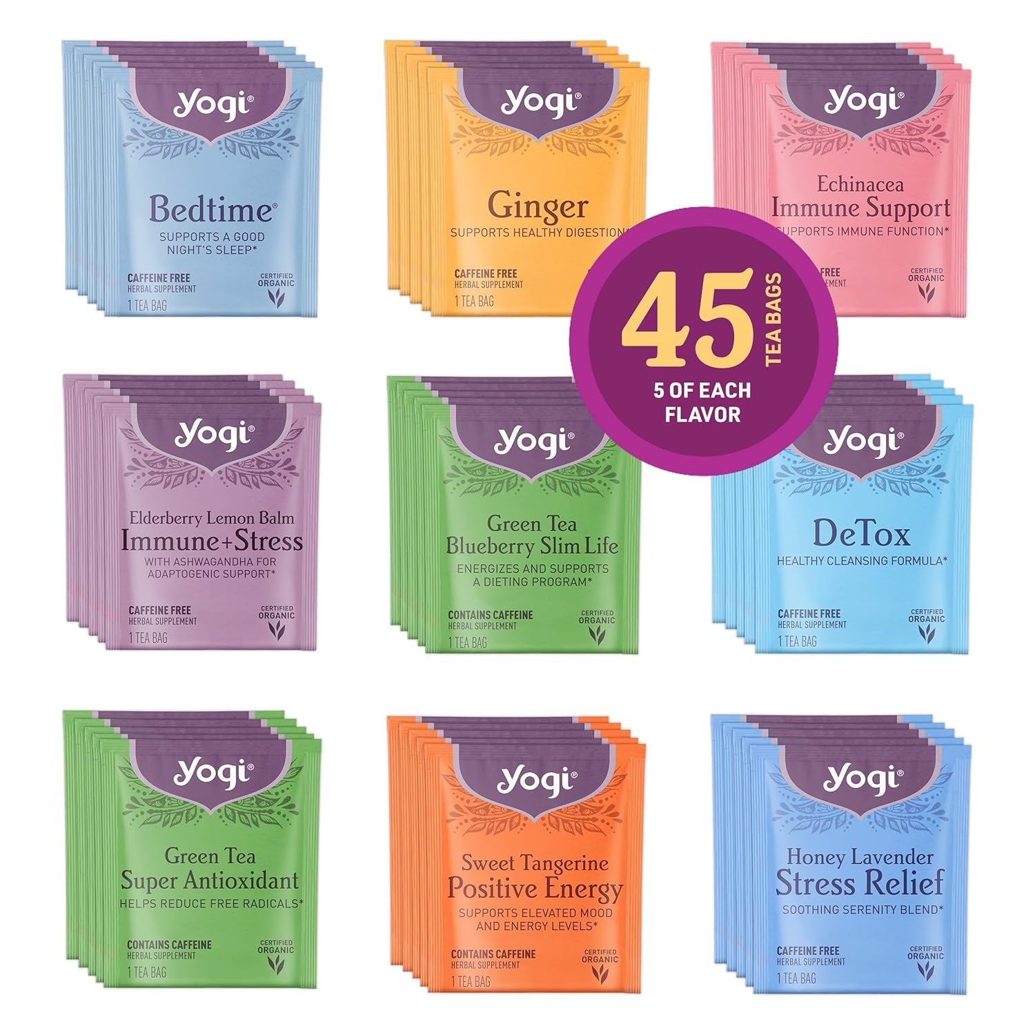 Yogi Organic Tea Sampler Gift Box, Assorted Wellness Teas, 45 Tea Bags, 9 Flavors