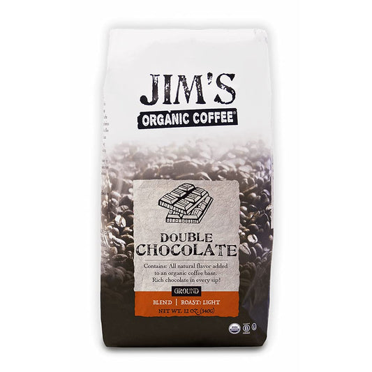 Jim's Organic Coffee Double Chocolate Light Roast 12 oz bag, Rich chocolate flavored organic coffee by Jim's Organic Coffee, Double chocolate ground coffee for drip brewing, USDA Certified Organic and Kosher light roast coffee, Premium 100% Arabica coffee beans with natural chocolate flavor, Artisan roasted chocolate flavored coffee beans, Jim's Organic Coffee with rich chocolate taste, Organic double chocolate coffee made in the USA