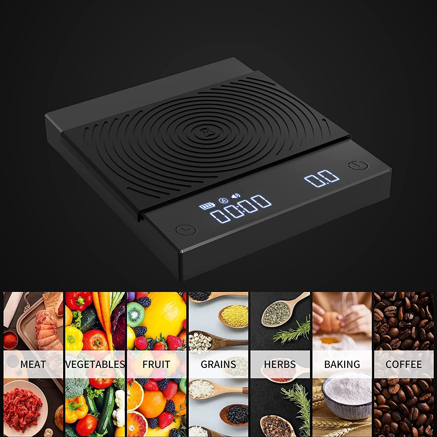 Basic+ coffee scale with timer, 2000g capacity, black, high precision, high-quality materials, advanced functions, USB charging.