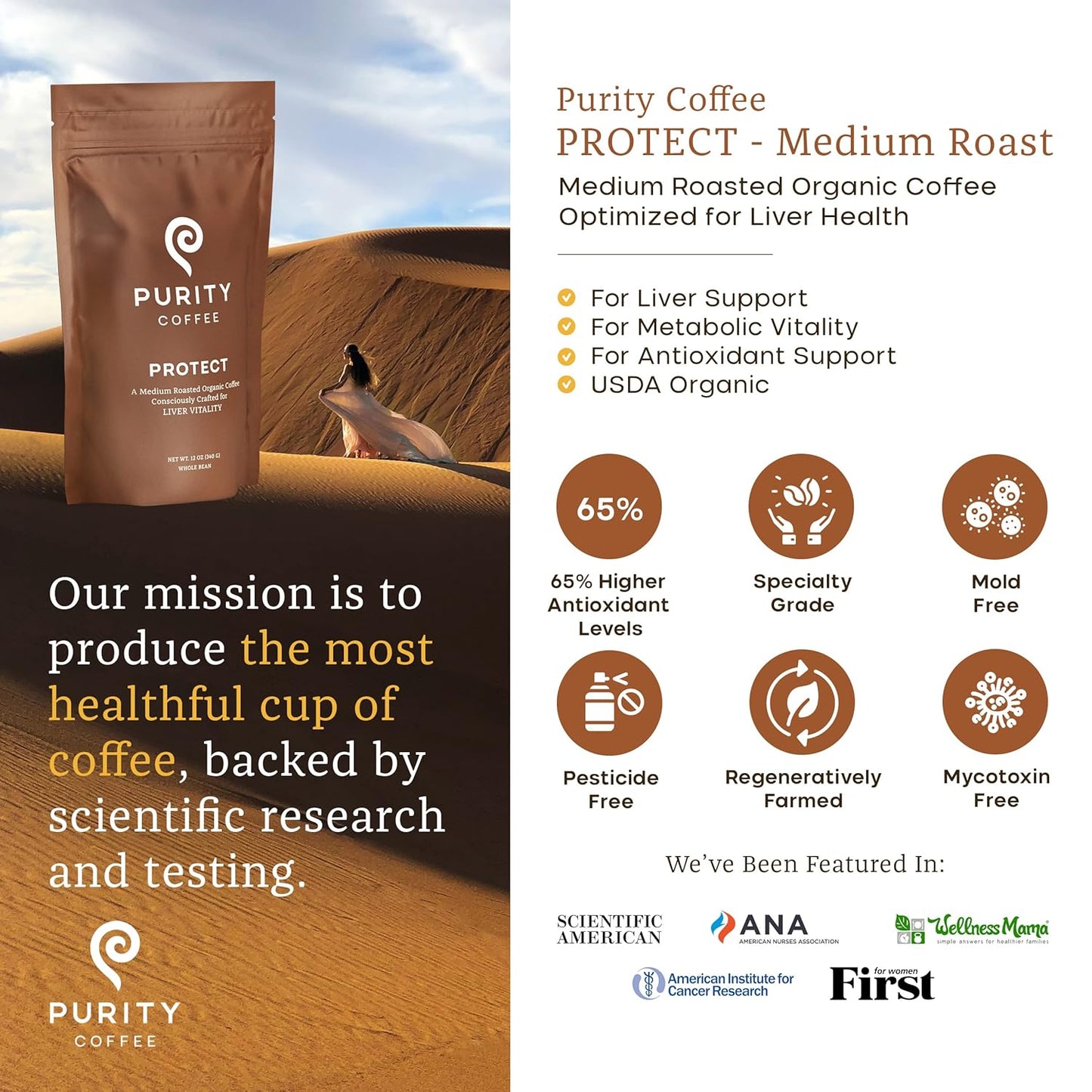 12 Oz Bag of Highest Antioxidant Light-Medium Roast USDA Organic Arabica Whole Bean Coffee, crafted to support liver health and overall wellness with a focus on purity and freshness.