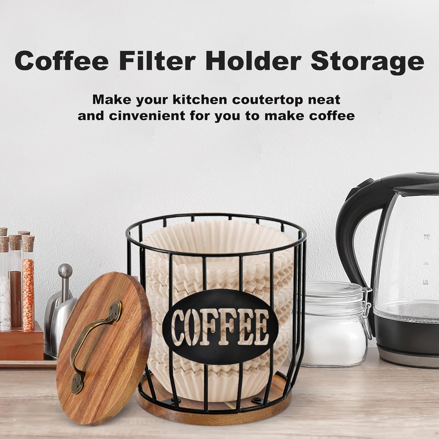 Coffee filter holder with lid, large capacity coffee pod organizer, kitchen countertop storage, coffee station decor