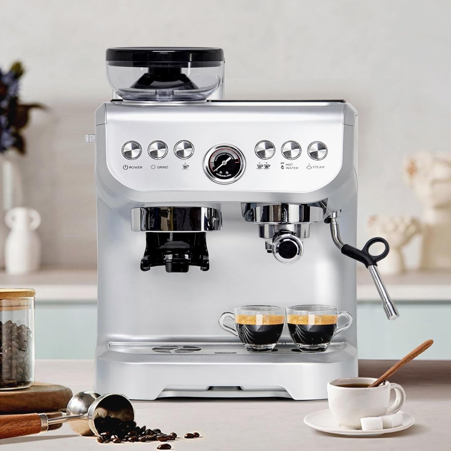 Espresso Machine, 15 Bar Coffee Maker, Built-In Grinder, Milk Frother, ABS Plastic Espresso Maker